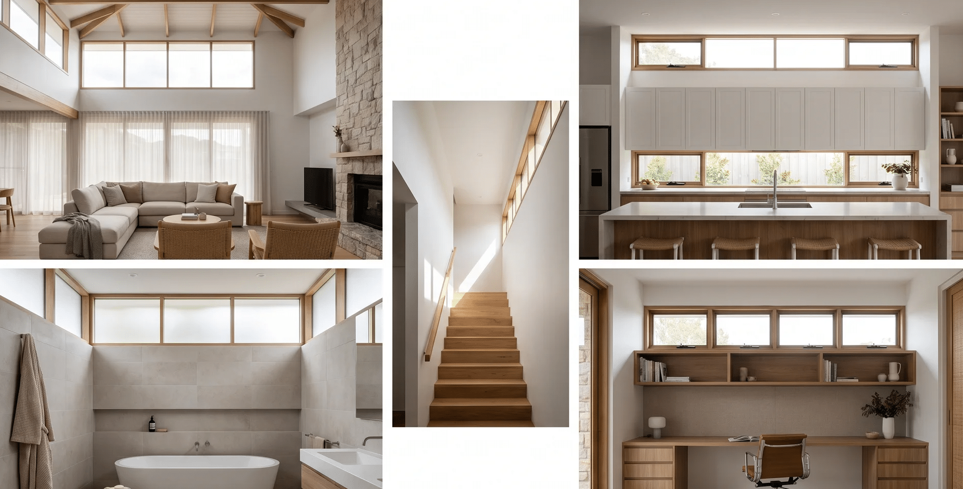 Clerestory windows bringing natural light into living room, kitchen, bathroom, staircase, and home office spaces.