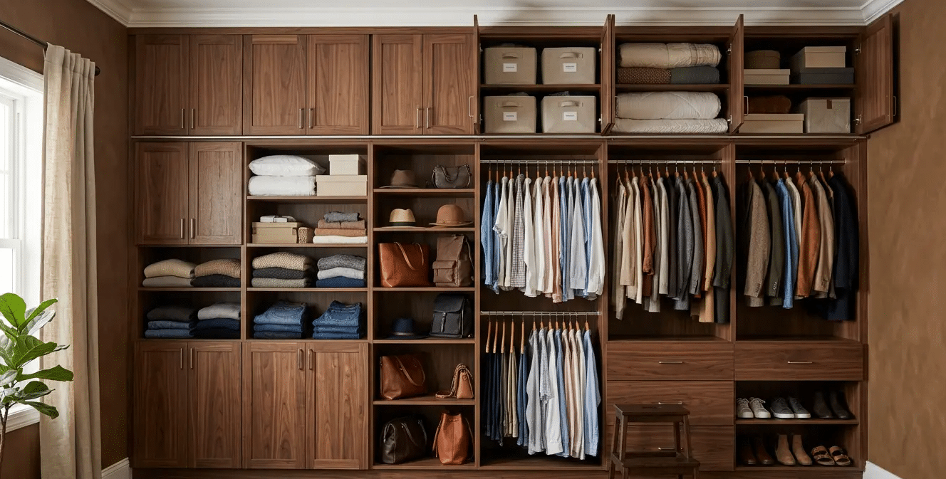 Floor-to-ceiling wood closet cabinets with clothing rails, upper storage shelves, boxes, bedding, and lower drawers.