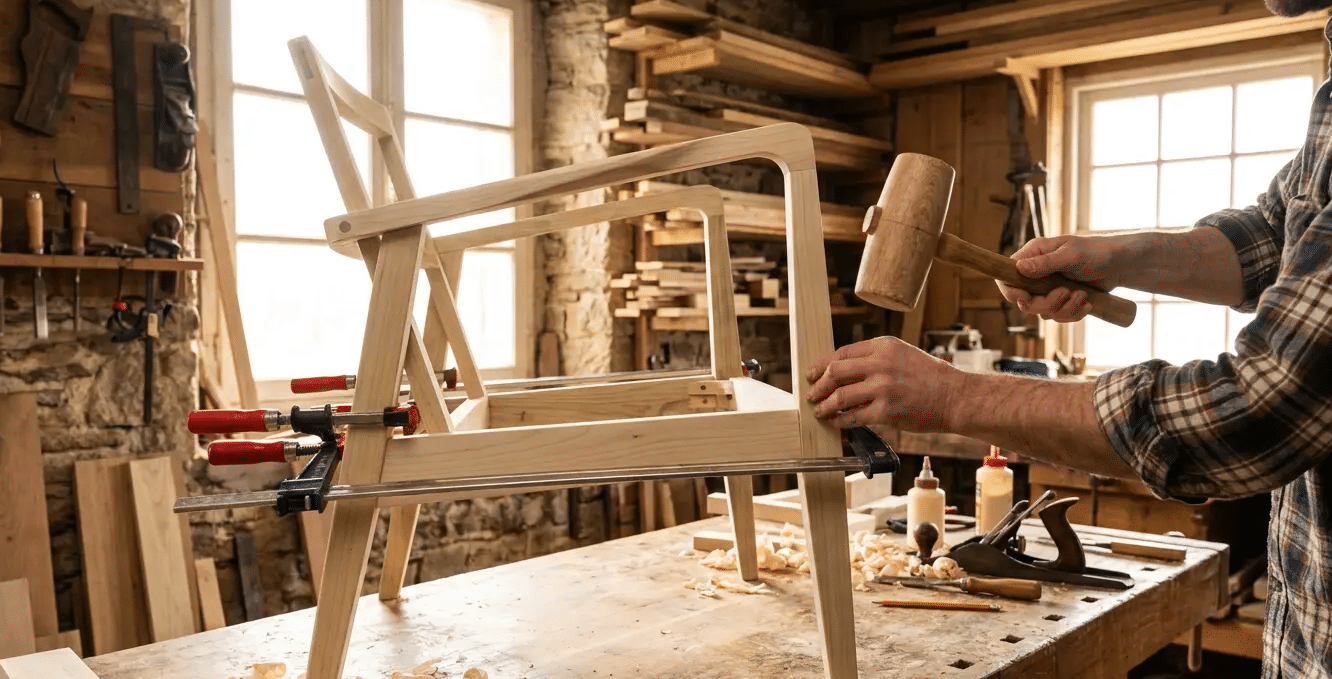 Craftsman assembling a wooden chair frame with clamps and a mallet on a workbench in a woodworking shop.