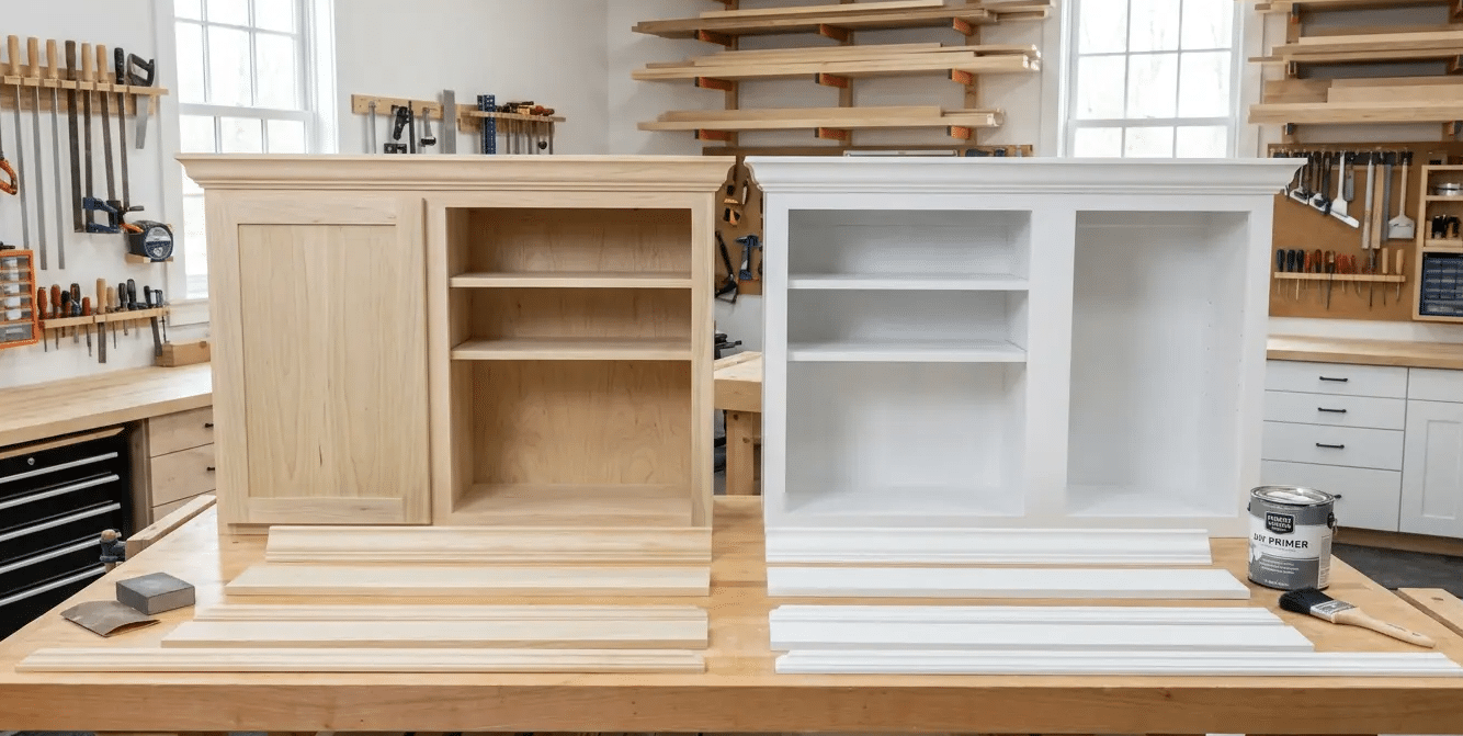 Unfinished and primed wooden cabinets displayed side by side on a workbench in a bright woodworking shop.