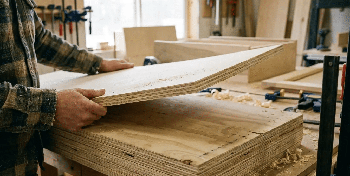 Carpenter handling a sheet of plywood on a workbench, showing the layered plywood core in a woodworking shop.