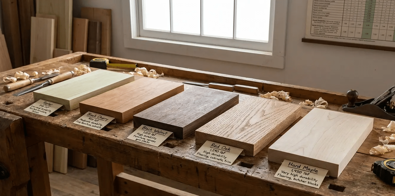 Wood samples of different hardwood species displayed on a workbench for comparison in a woodworking shop.