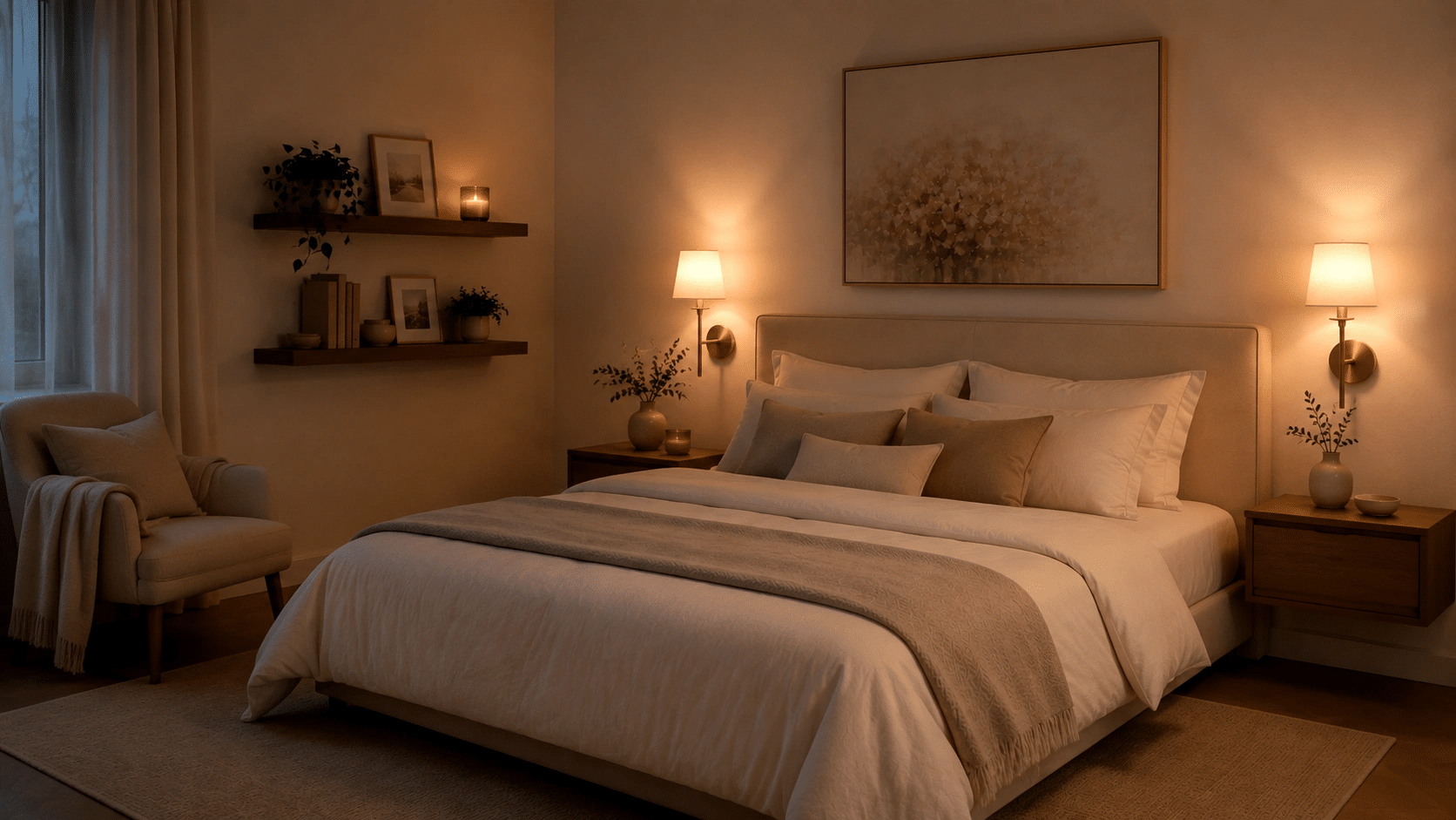 Clean minimalist bedroom with organized surfaces, simple decor, and a calm uncluttered atmosphere