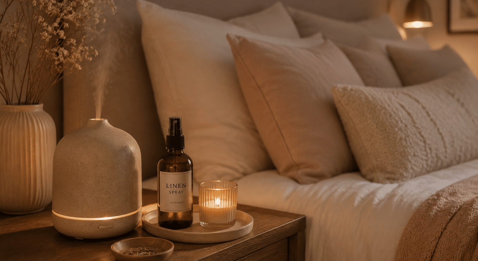 Cozy bedroom nightstand with essential oil diffuser, linen spray, candle, and soft neutral bedding for a relaxing mood.