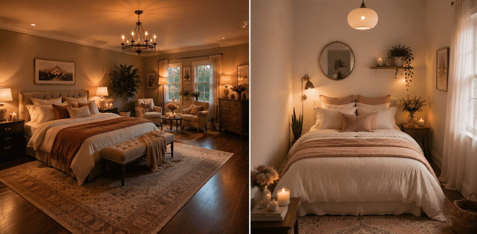 Large and small romantic bedrooms with cozy lighting, layered bedding, soft decor, and budget-friendly design ideas.