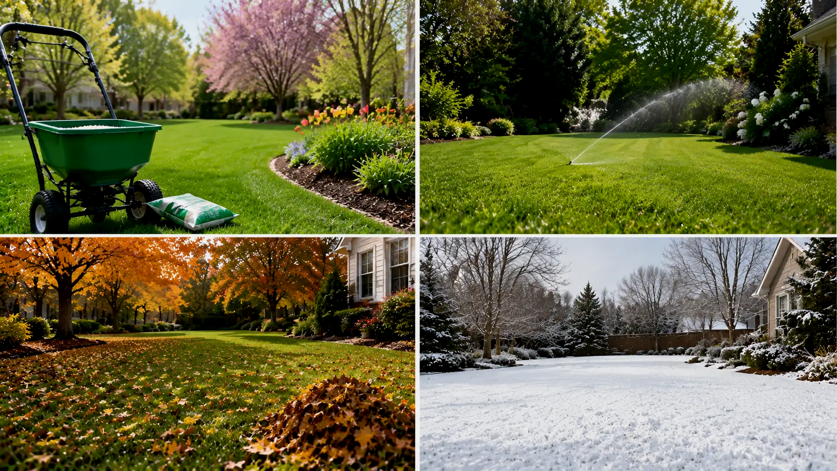 Four seasonal lawn fertilizer schedules showing spring feeding, summer watering, fall lawn care, and winter dormancy.