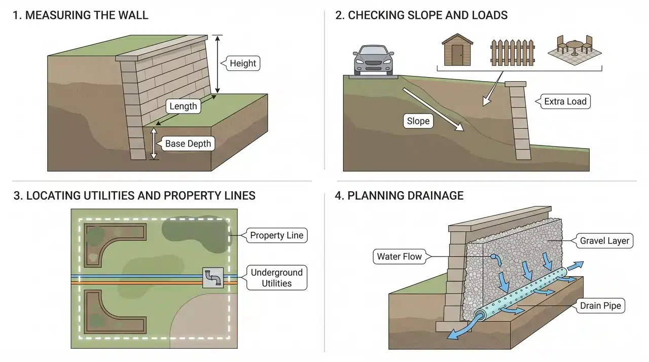 Retaining wall planning diagram showing measurements, slope loads, utilities, and drainage layout steps