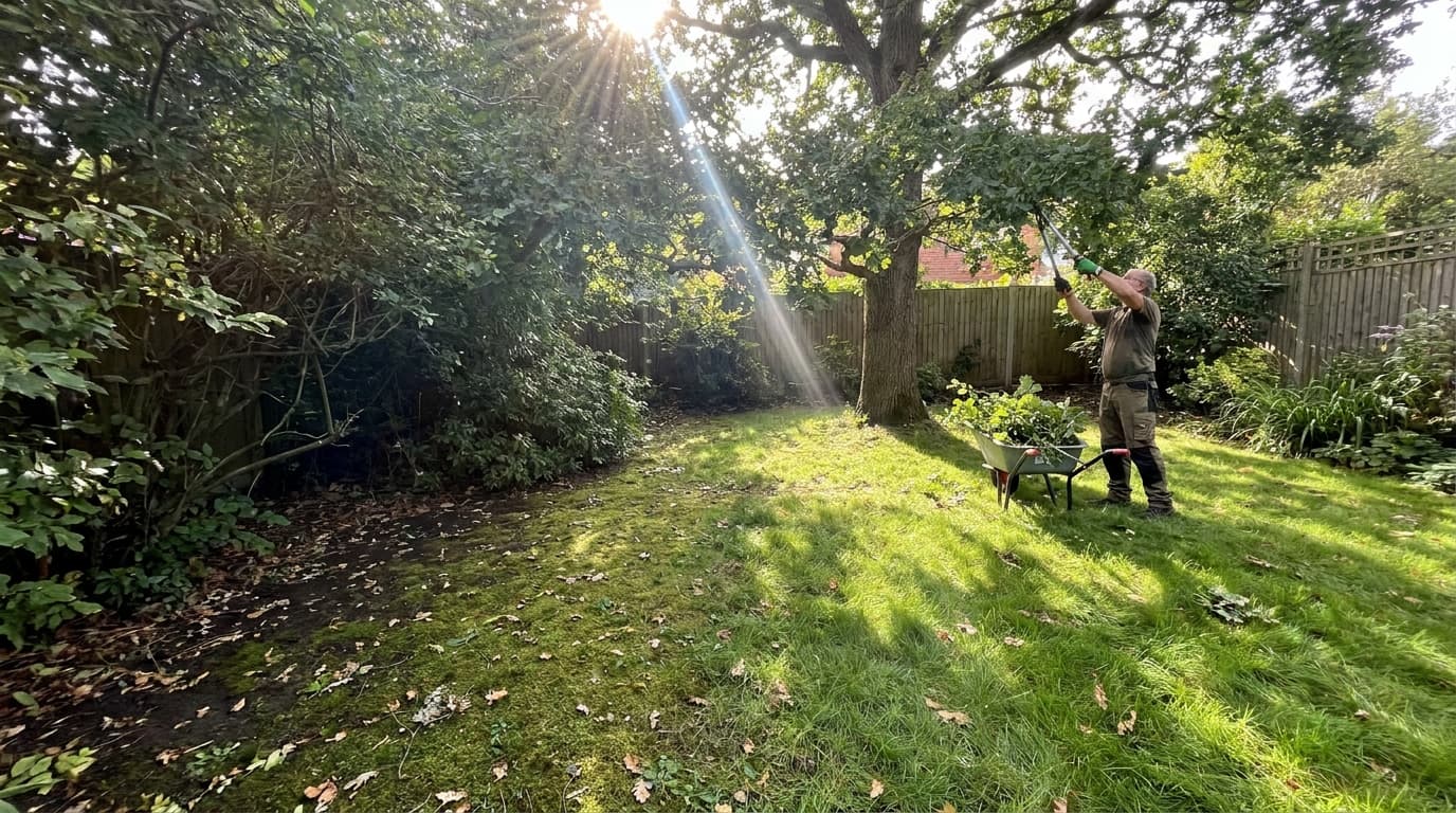 Trimming trees and shrubs to increase sunlight and prevent moss growth in lawn
