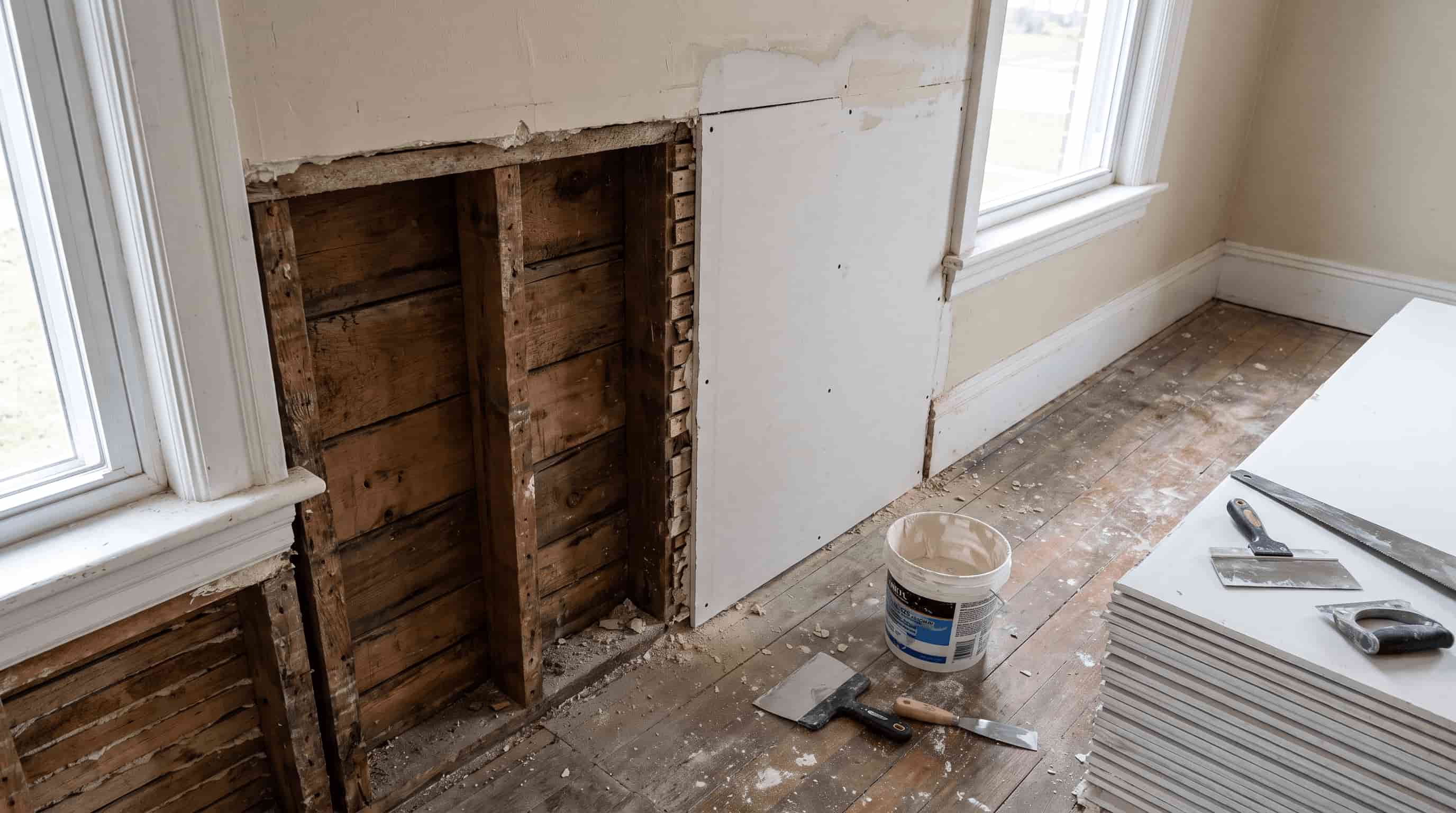⅜-inch drywall installation during an older home renovation with exposed framing and unfinished wall repairs