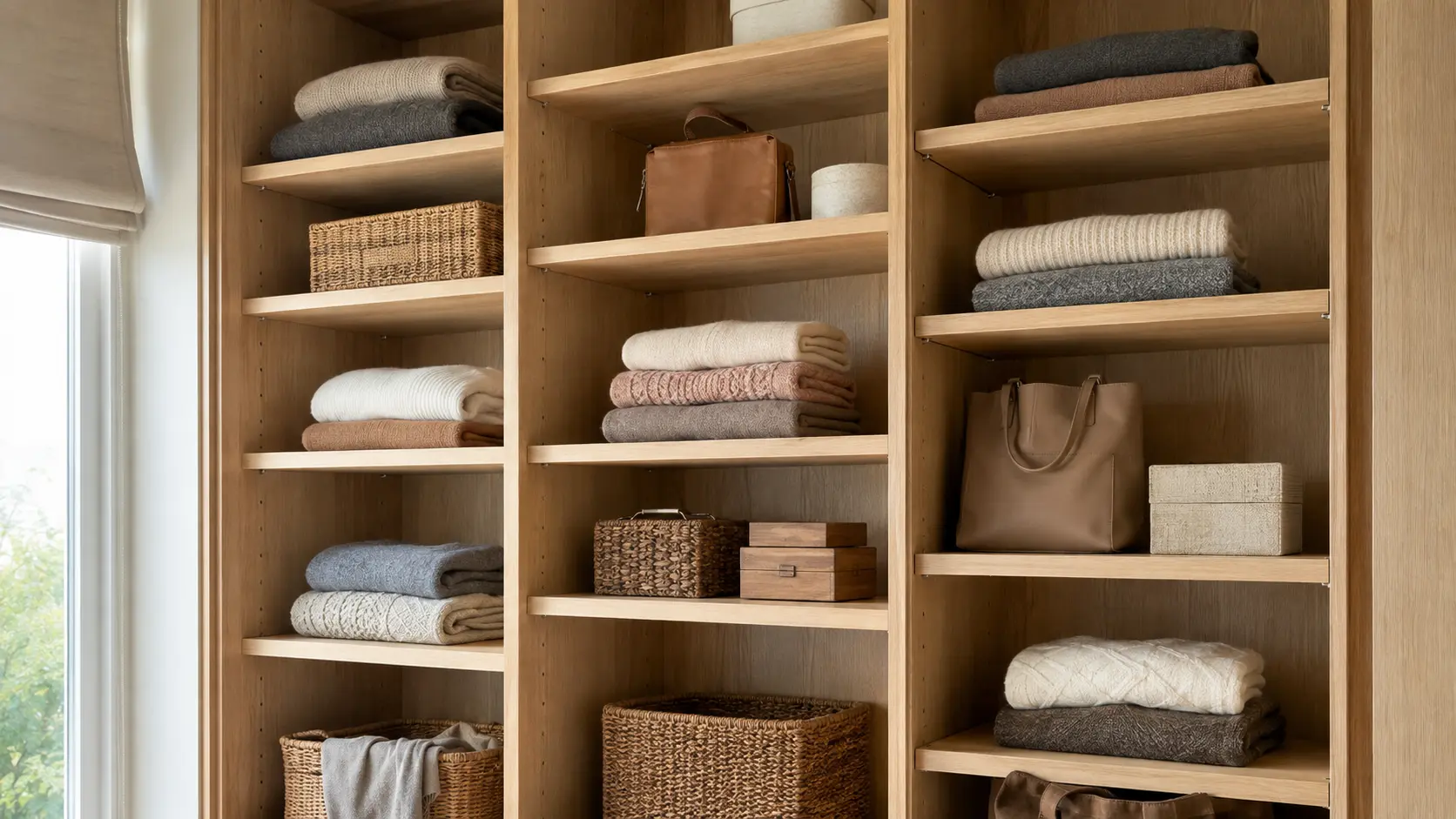 Adjustable wooden closet shelves holding folded sweaters, handbags, storage baskets, and everyday accessories