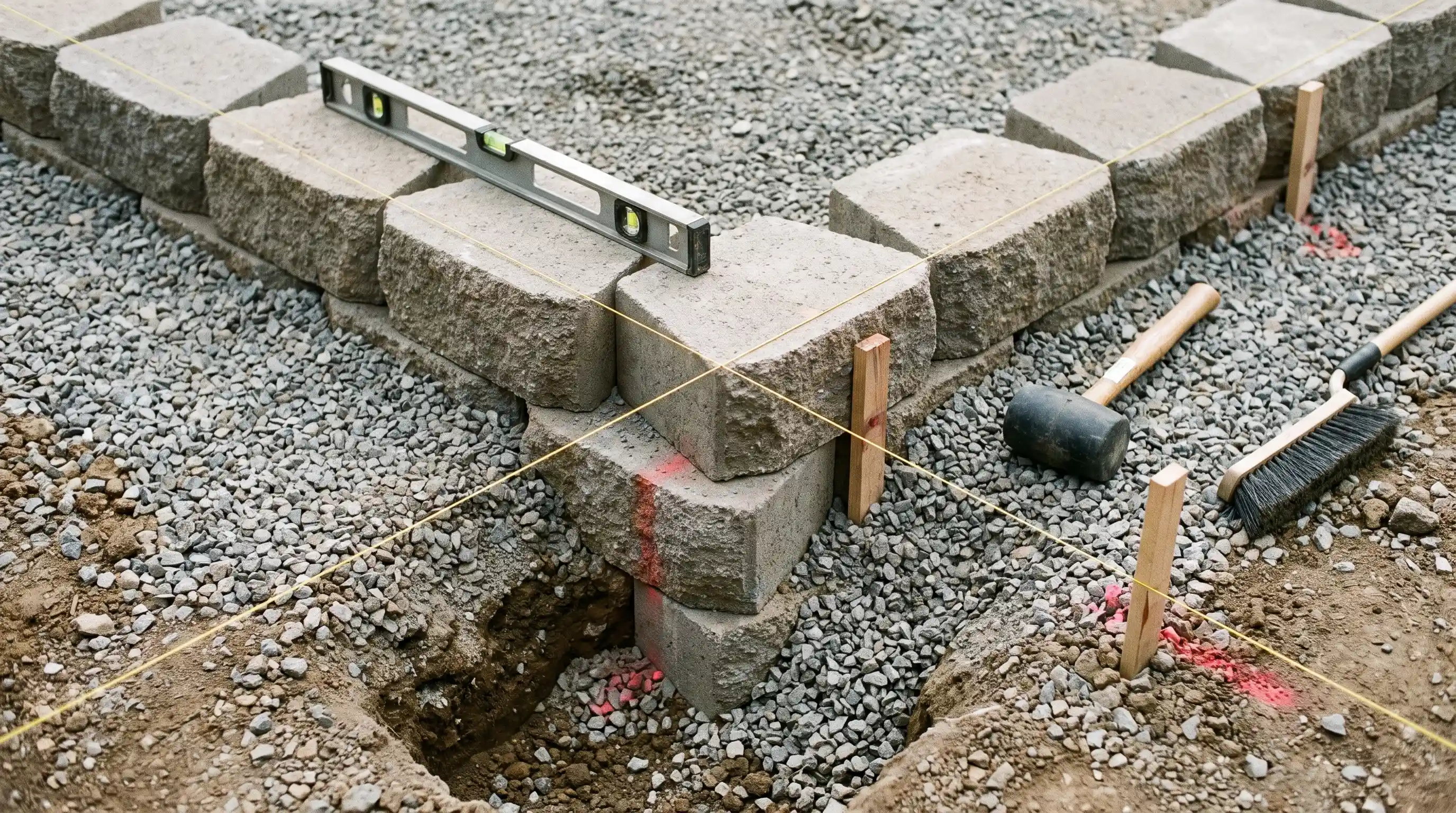 Installing the first course of retaining wall blocks on a leveled gravel base