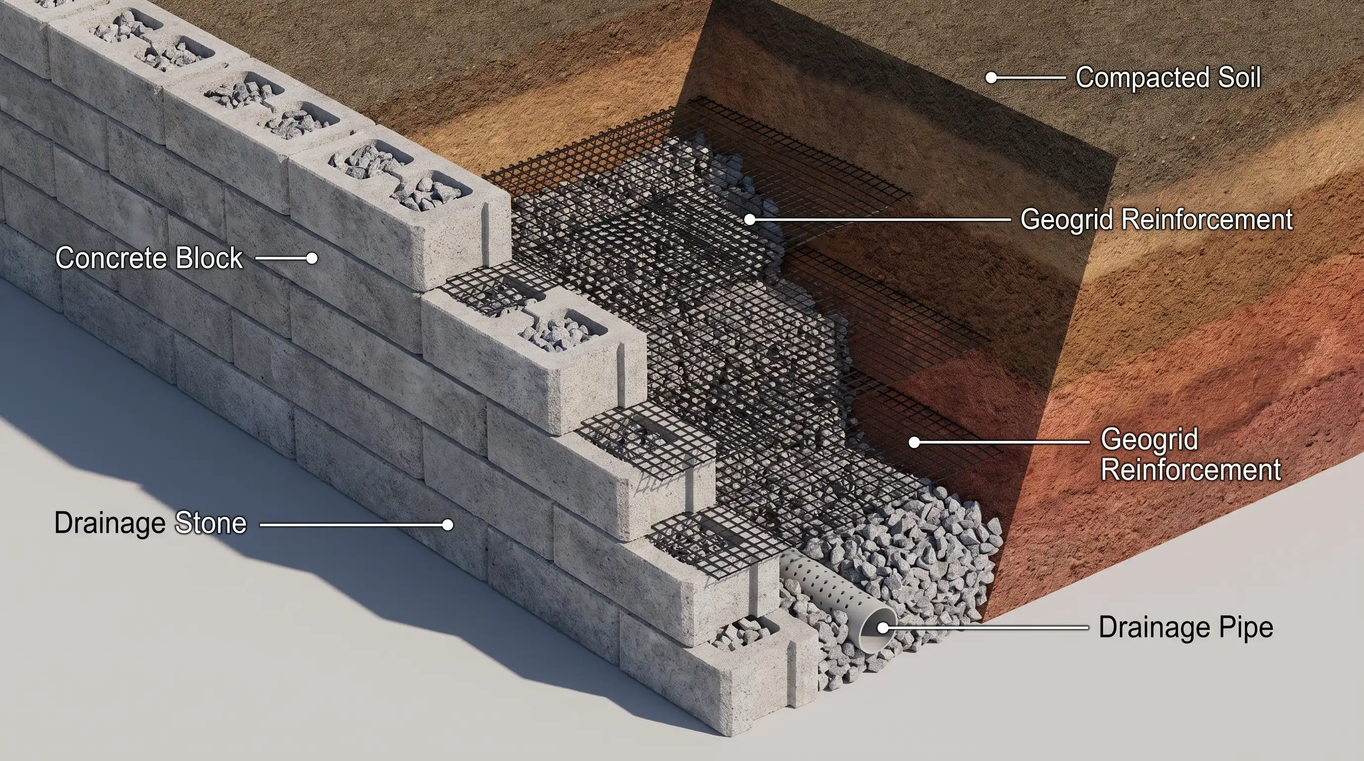 Installing geogrid reinforcement behind retaining wall blocks for added stability