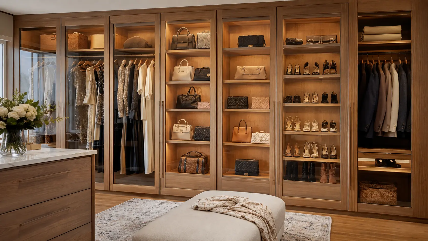 Glass-front master closet displaying handbags, shoes, and formal clothing under warm cabinet lighting