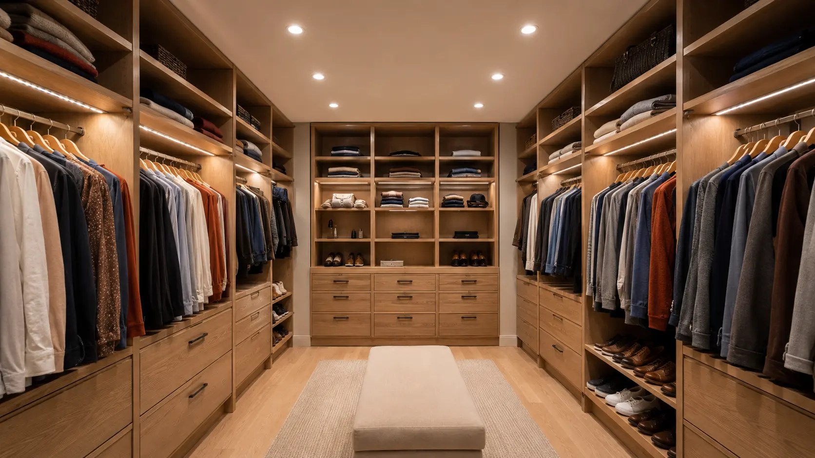 Windowless master closet with recessed ceiling lights and LED-lit shelves displaying organized clothing and shoes