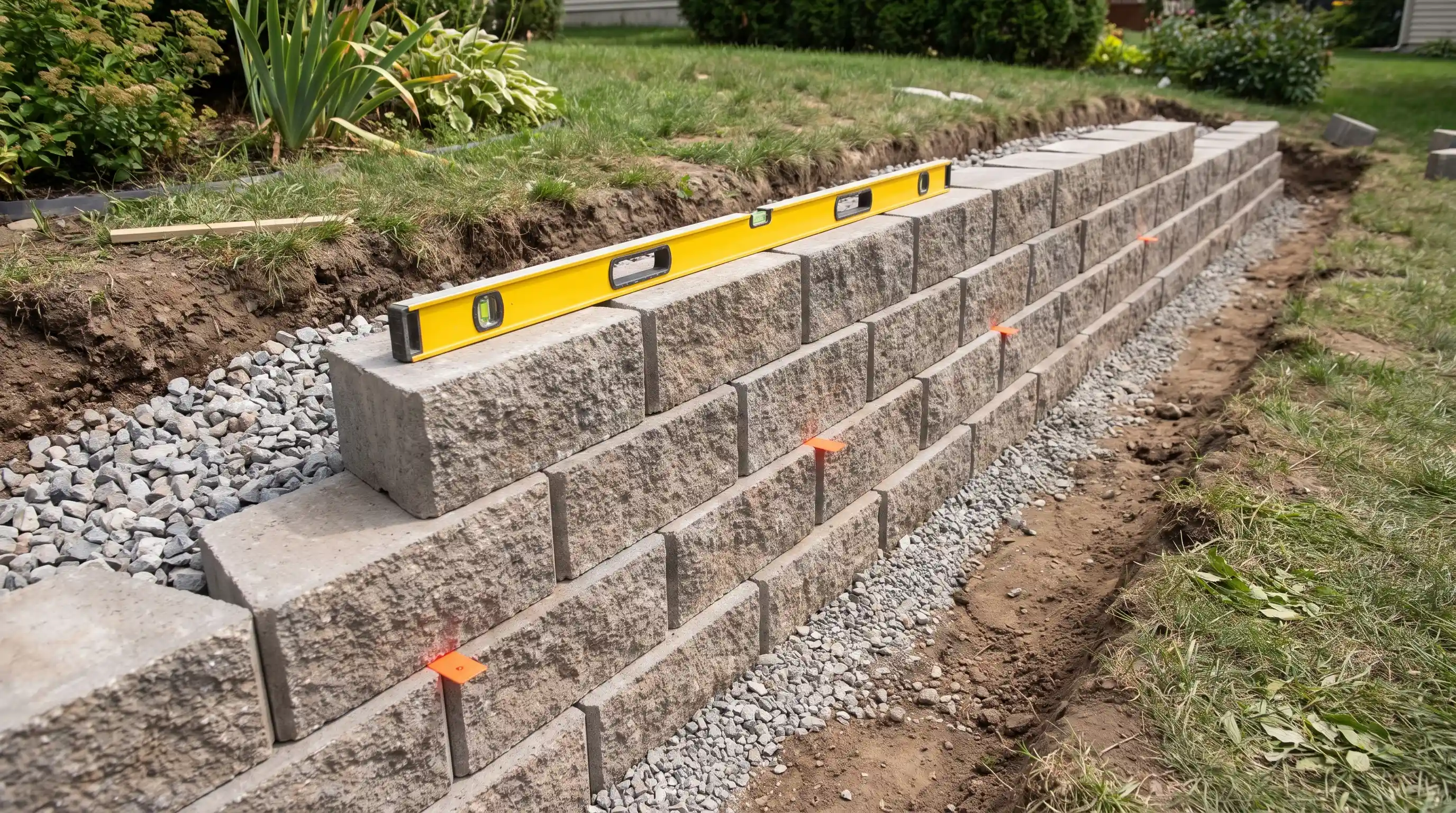 Adding additional courses of interlocking retaining wall blocks with staggered joints