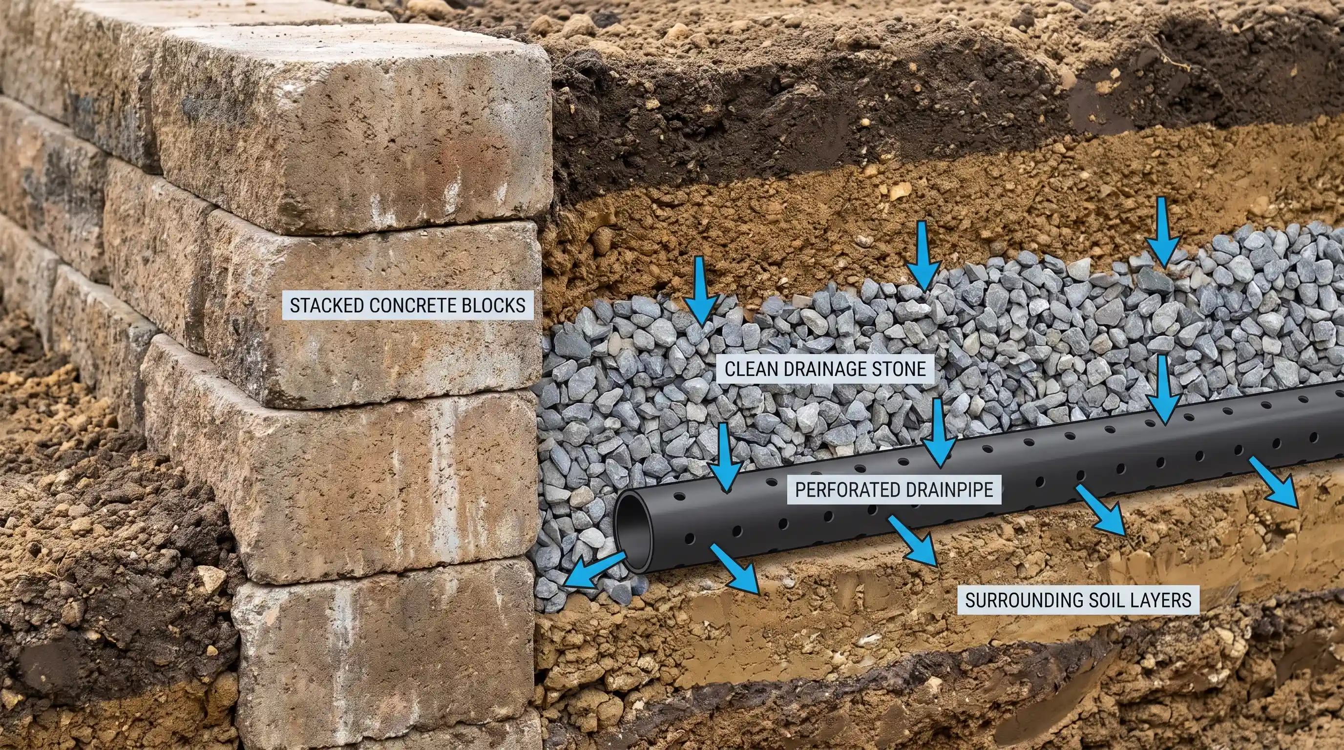 Retaining wall drainage system with drainage stone and perforated pipe behind blocks