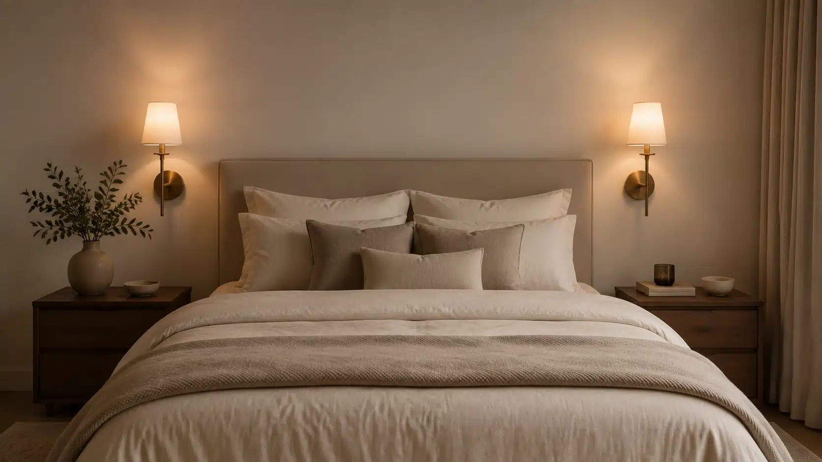 Minimalist bedroom with brass wall sconces glowing beside a neatly styled bed and warm neutral decor