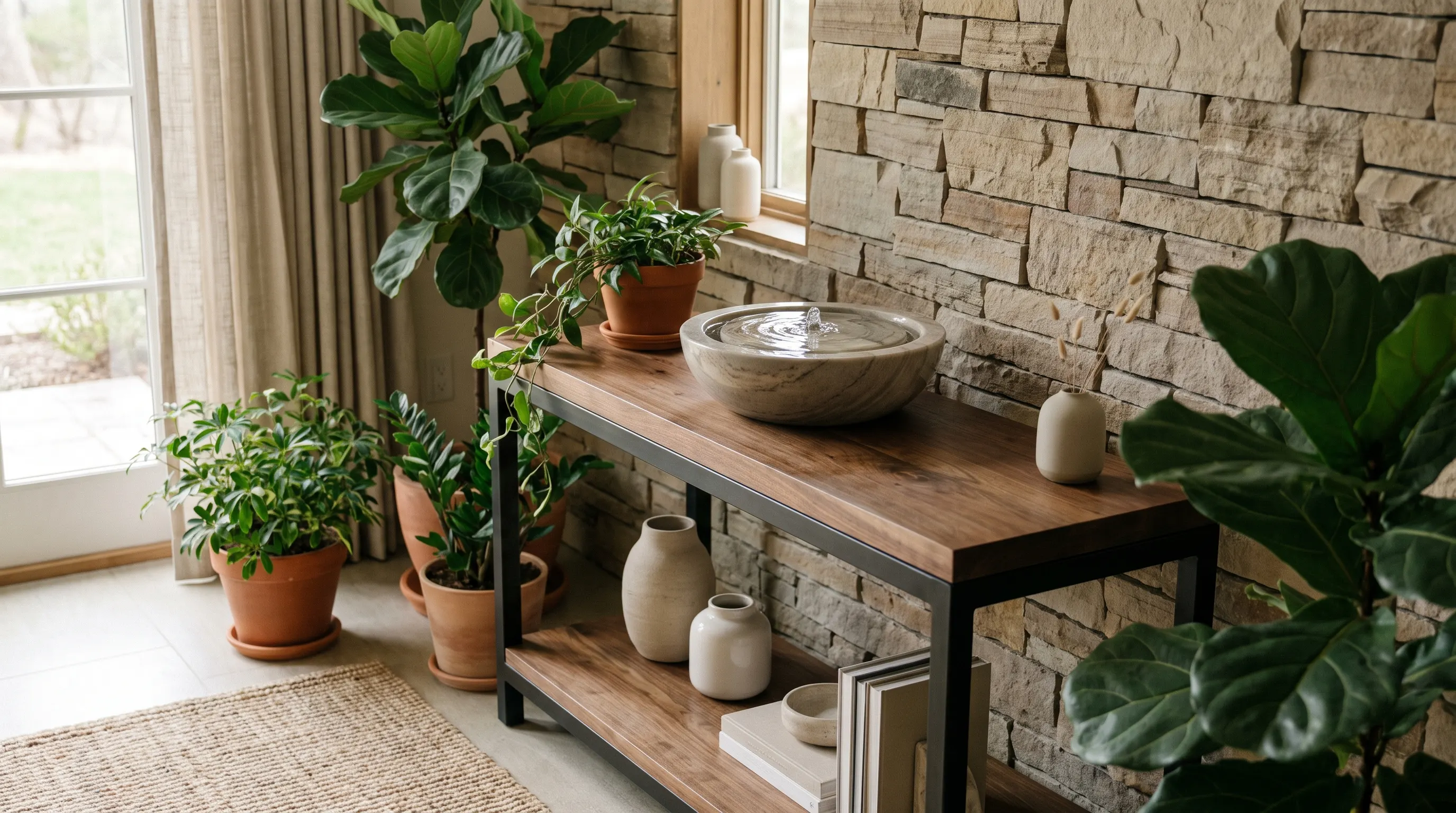 Calm interior with a small indoor fountain, plants, and natural decorative elements.