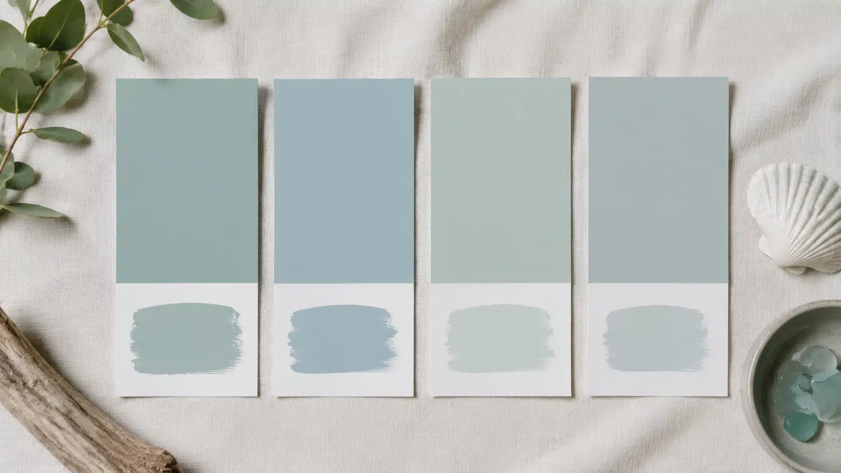 Benjamin Moore Beach Glass compared with similar blue-green paint shades showing its soft muted blue and green undertones.