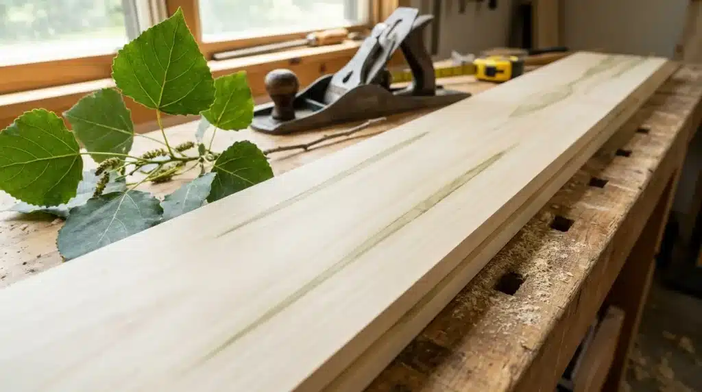 Poplar wood board on a workshop bench with fresh leaves hand plane and measuring tape.