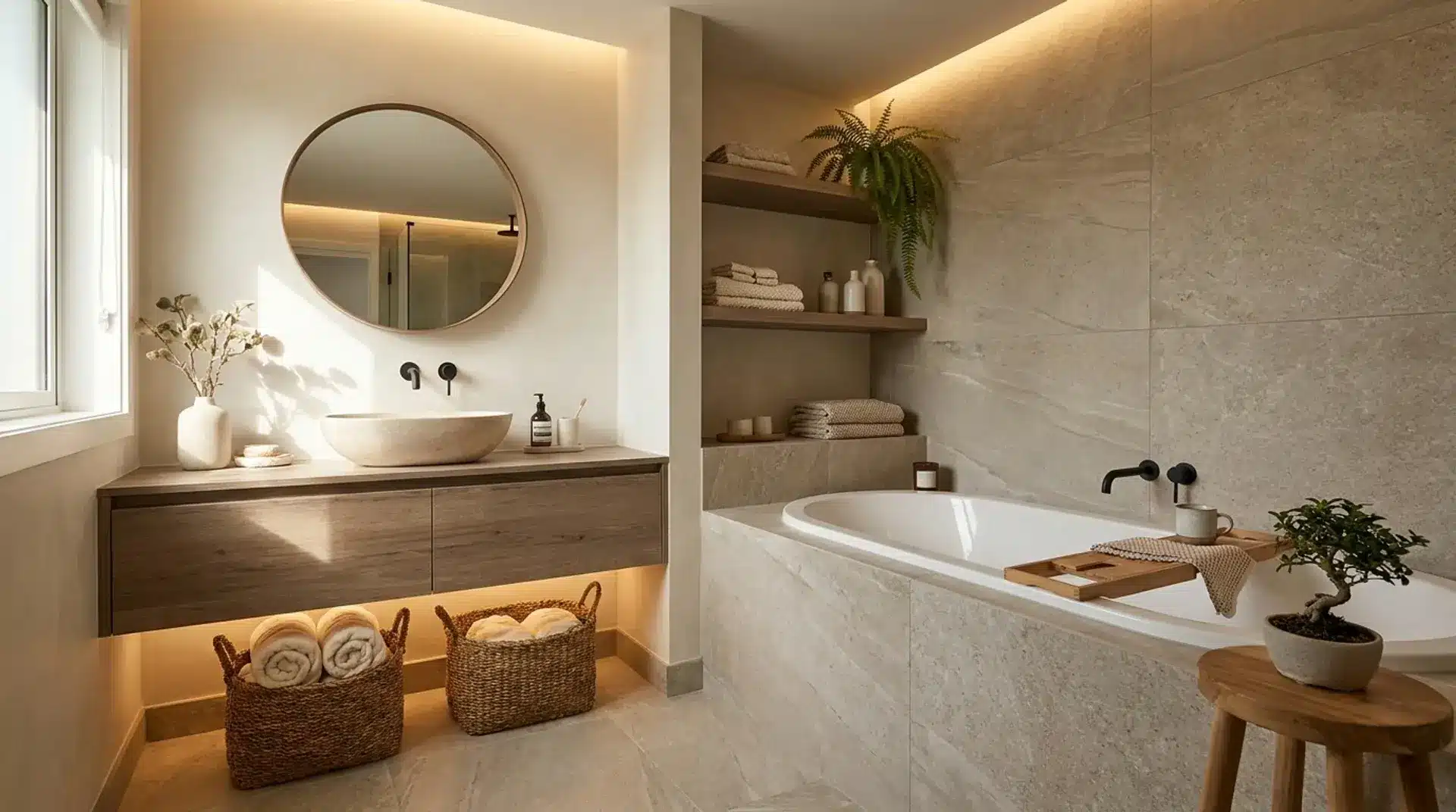 Japandi bathroom with wood vanity, stone textures, and natural woven storage elements