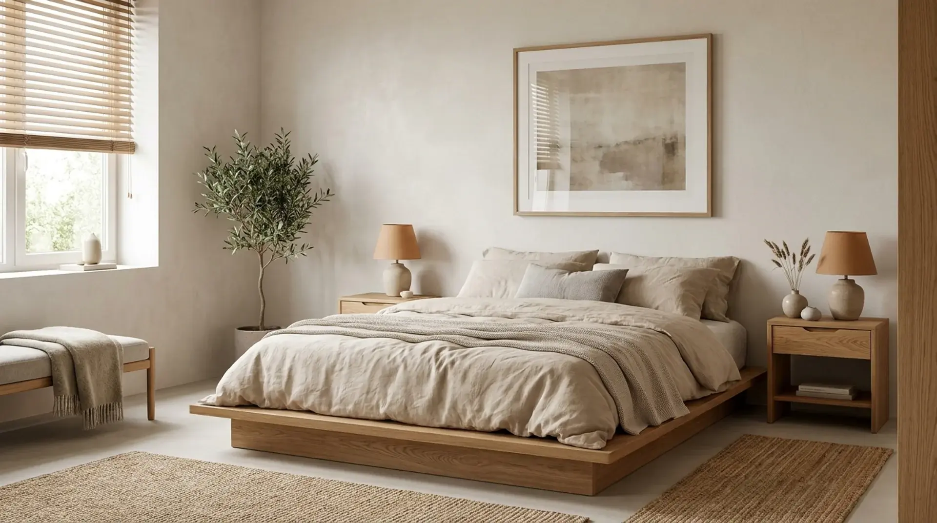 Japandi bedroom with low platform bed, linen bedding, and warm neutral tones