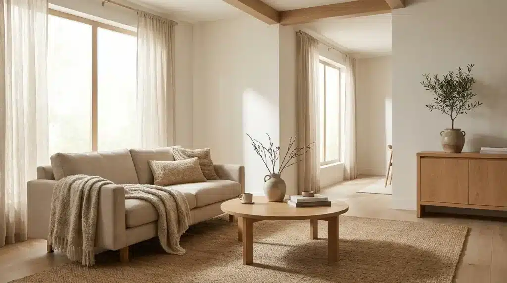 Japandi interior design with neutral tones, wood furniture, ceramics, and natural textures.