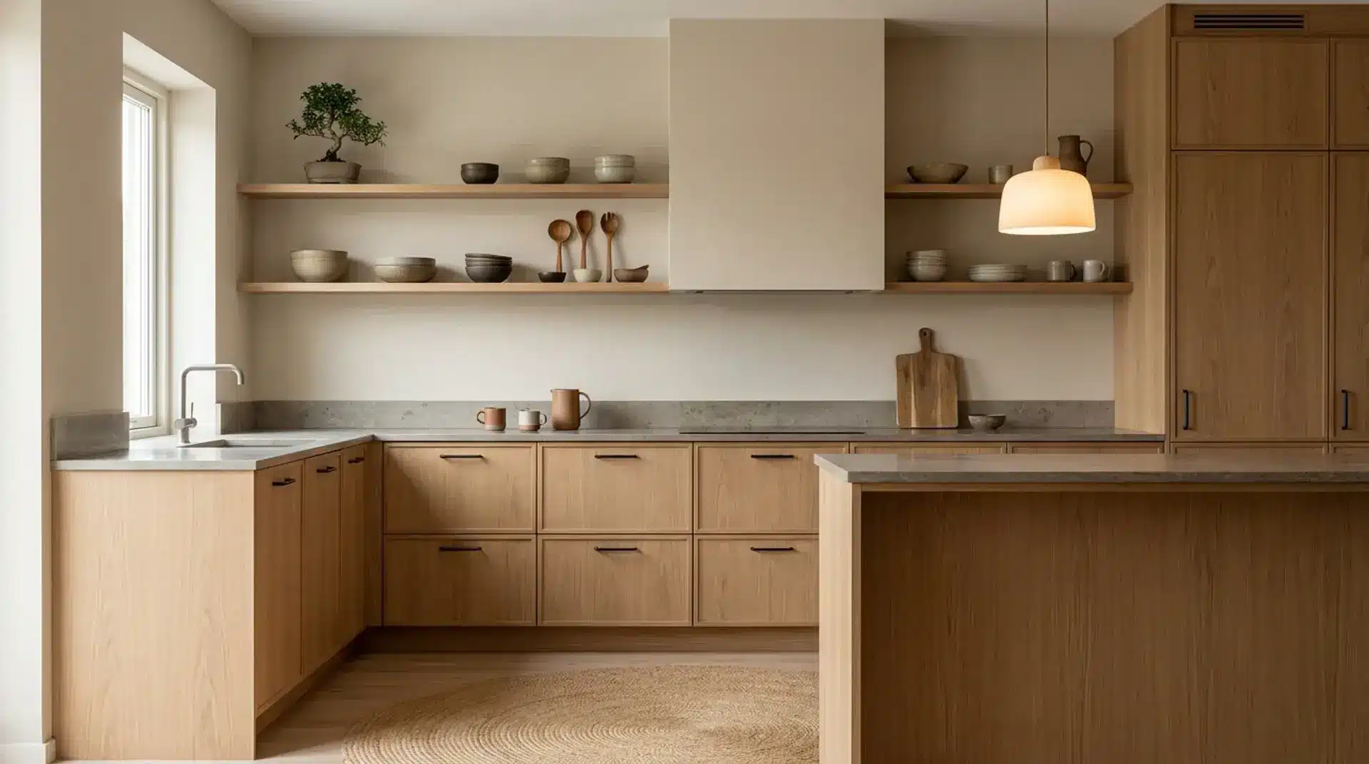 Japandi kitchen with oak cabinets, handmade ceramics, and minimalist styling