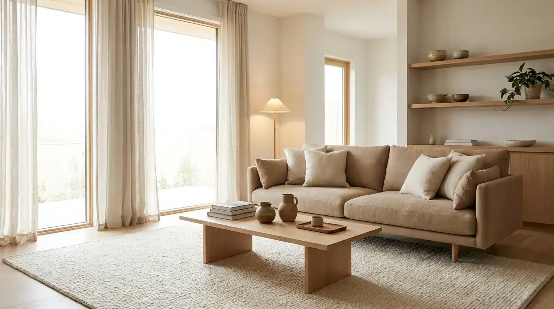 Japandi living room with linen sofa, wood furniture, and natural textured decor
