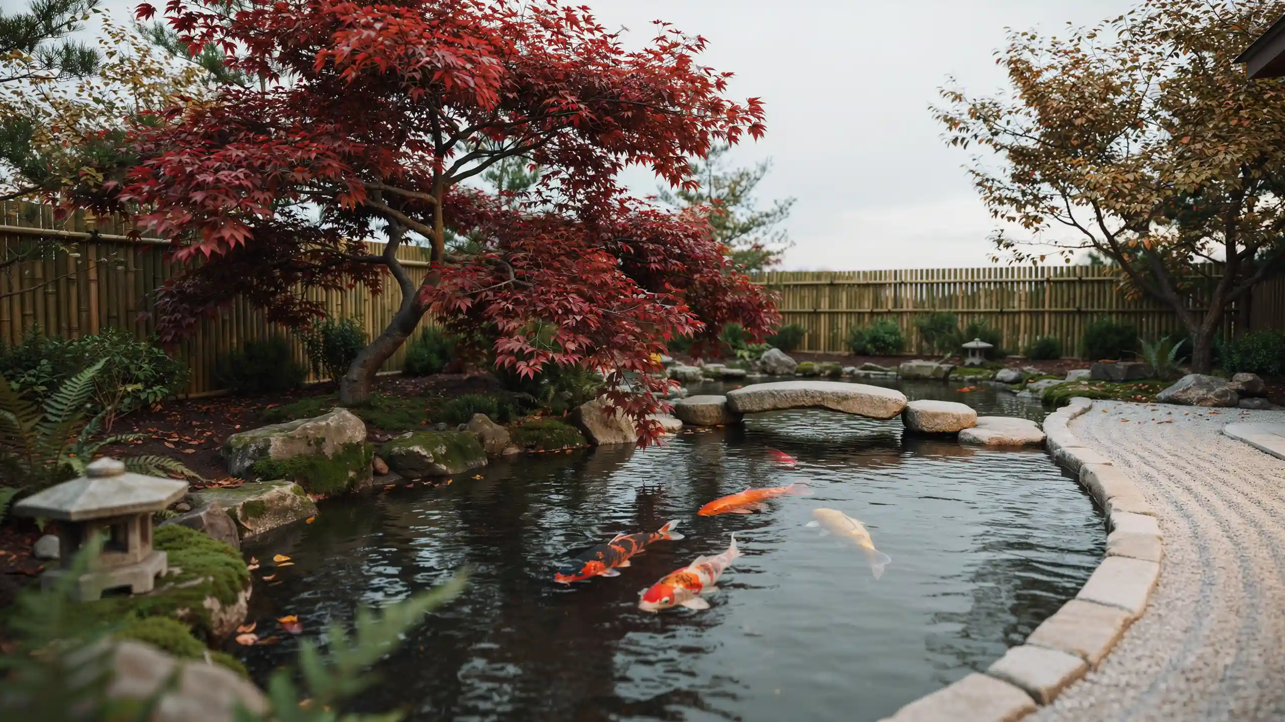 Japanese-inspired koi pond with a stone bridge, red maple, mossy rocks, lanterns, bamboo fencing, and a raked gravel path.