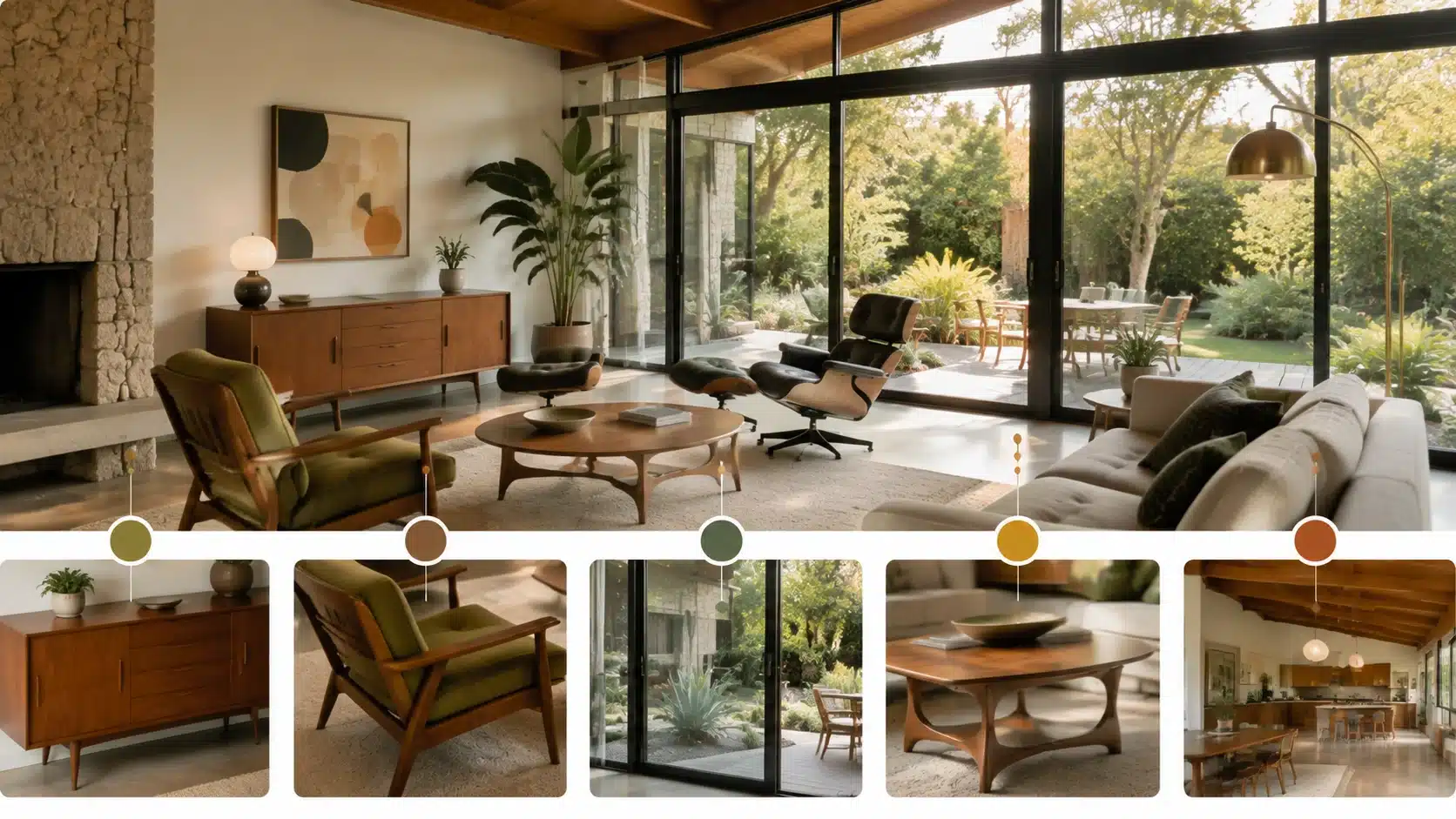 Mid-century modern design features warm wood furniture, clean lines, natural materials, open spaces, and indoor-outdoor connections.
