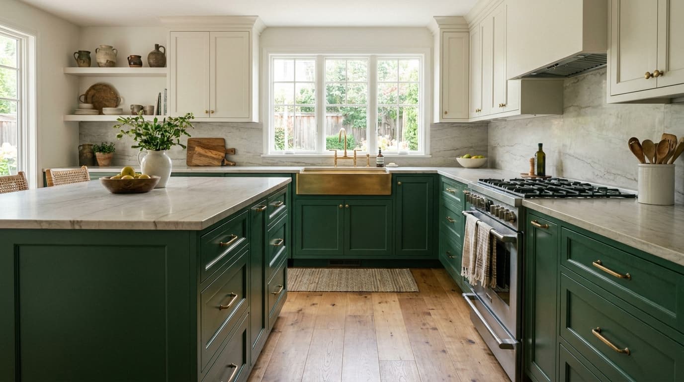 Vintage Vogue Benjamin Moore kitchen cabinets with brass hardware and light stone countertops.
