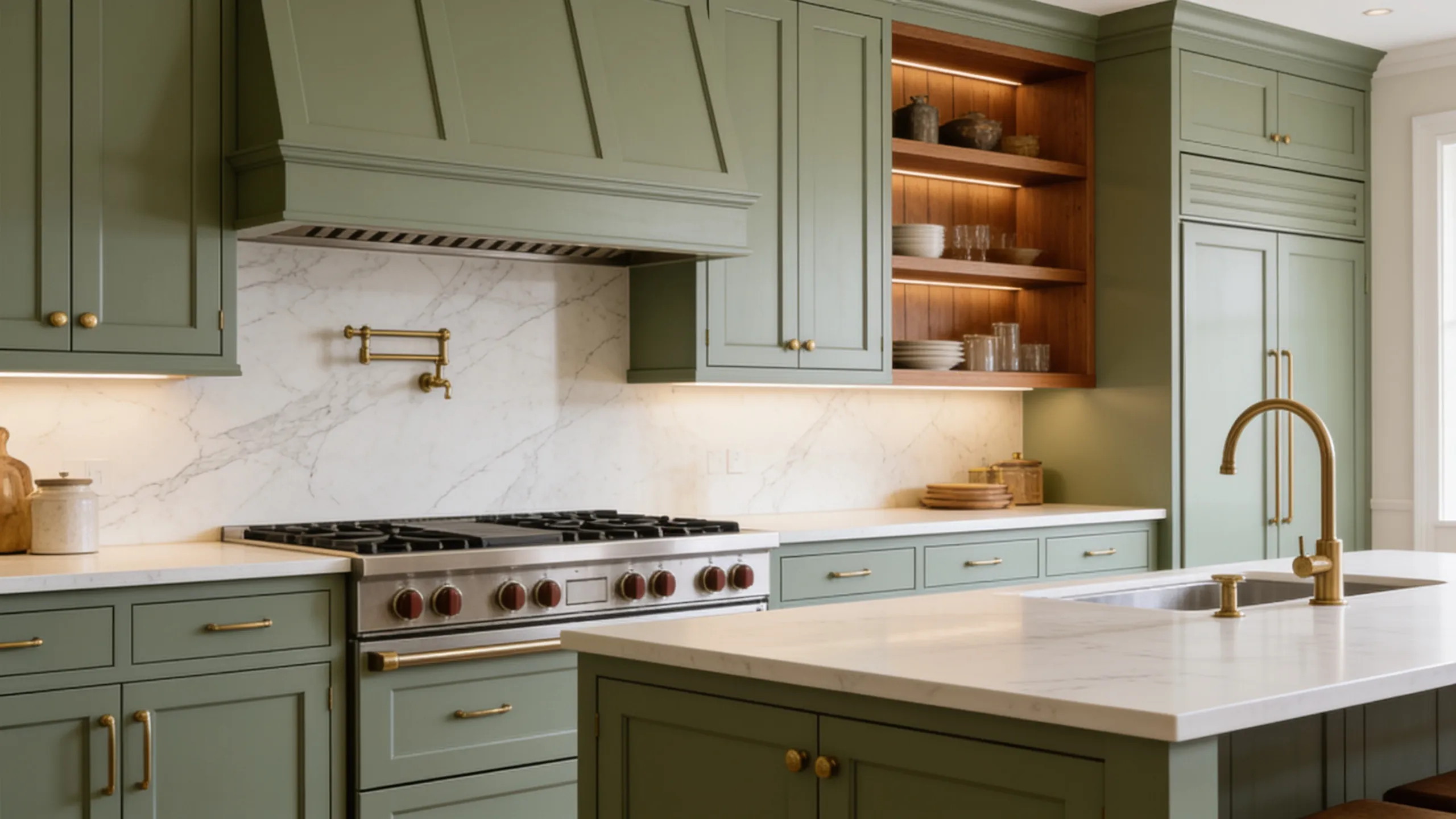 Saybrook Sage kitchen cabinets with marble counters and brass hardware