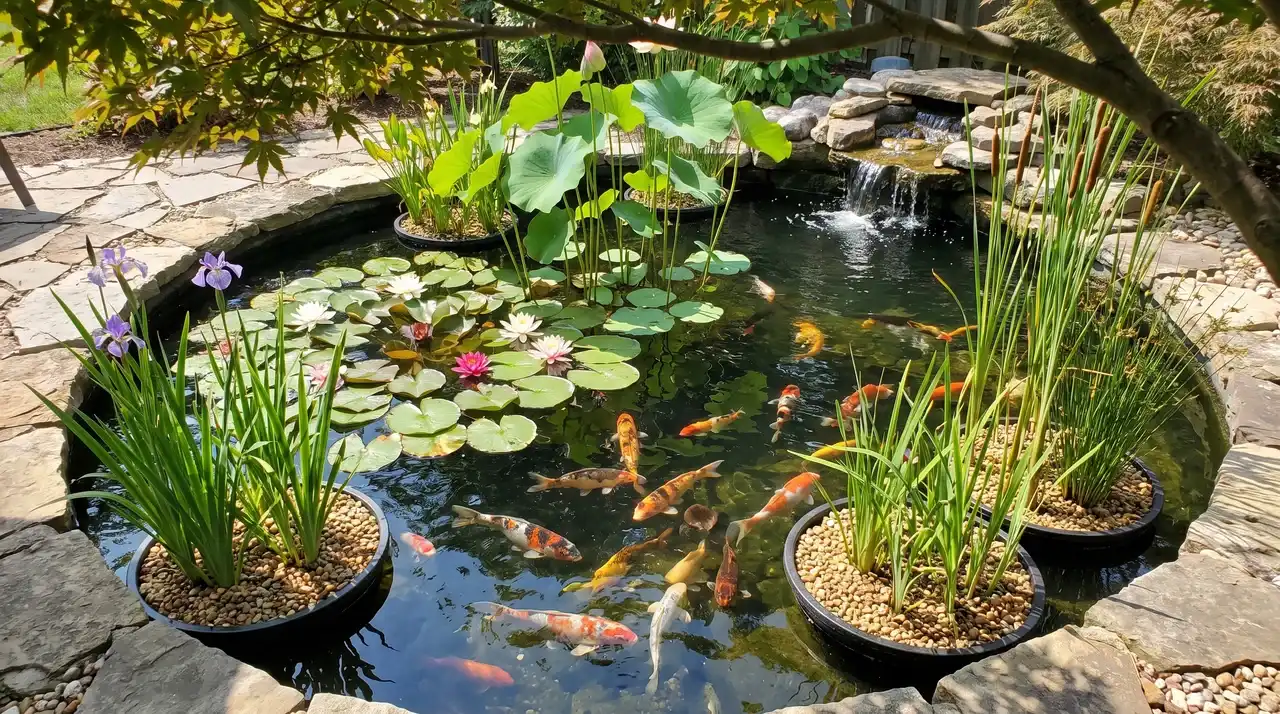 Koi pond with blooming water lilies, tall lotus plants, natural rocks, lush greenery, and a wooden bridge.