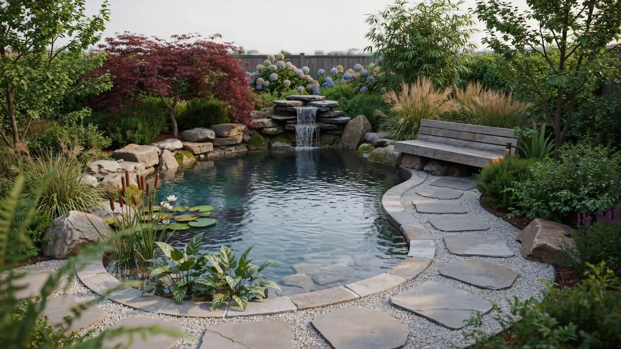 Landscaped backyard koi pond with a rock waterfall and seating area.