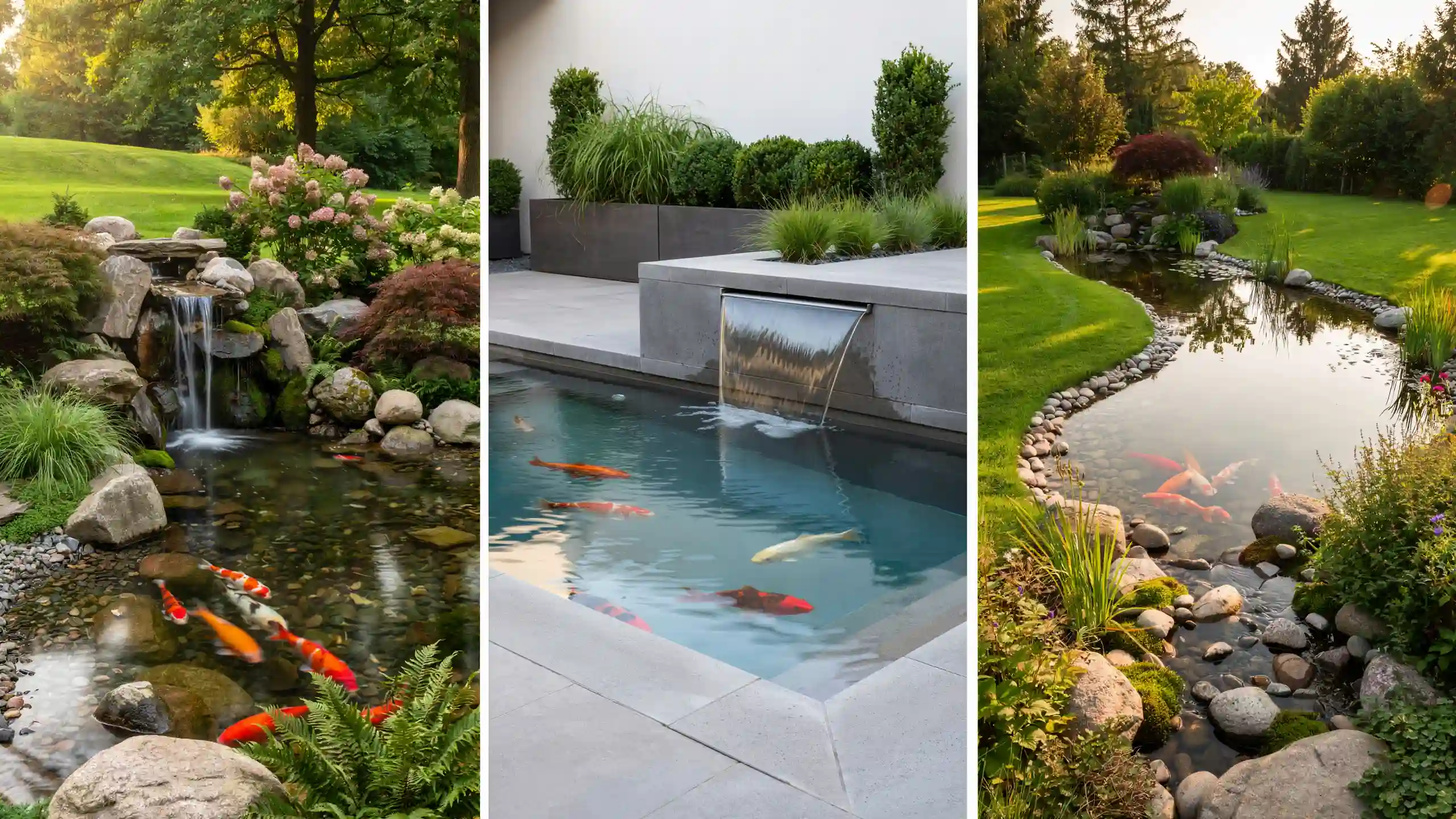 Three koi pond ideas featuring waterfalls, landscaped rocks, lush plants, and modern and natural garden settings.