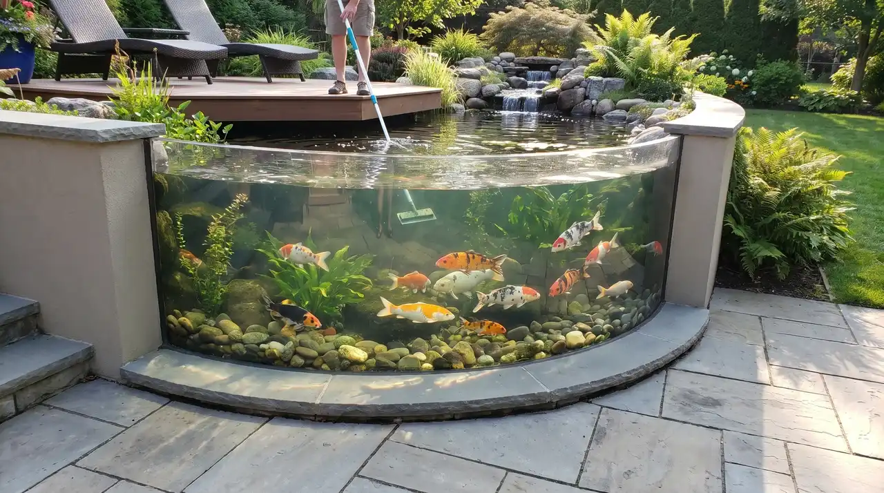 koi swimming in a viewing-window pond with pebbles, fallen maple leaves, aquatic plants, and a stone lantern.