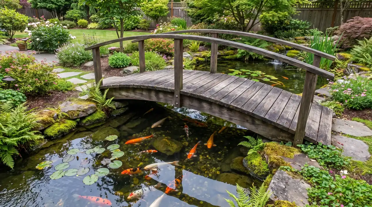 Koi swimming beneath an arched wooden bridge in a Japanese garden with bamboo, rocks, and a stone lantern.
