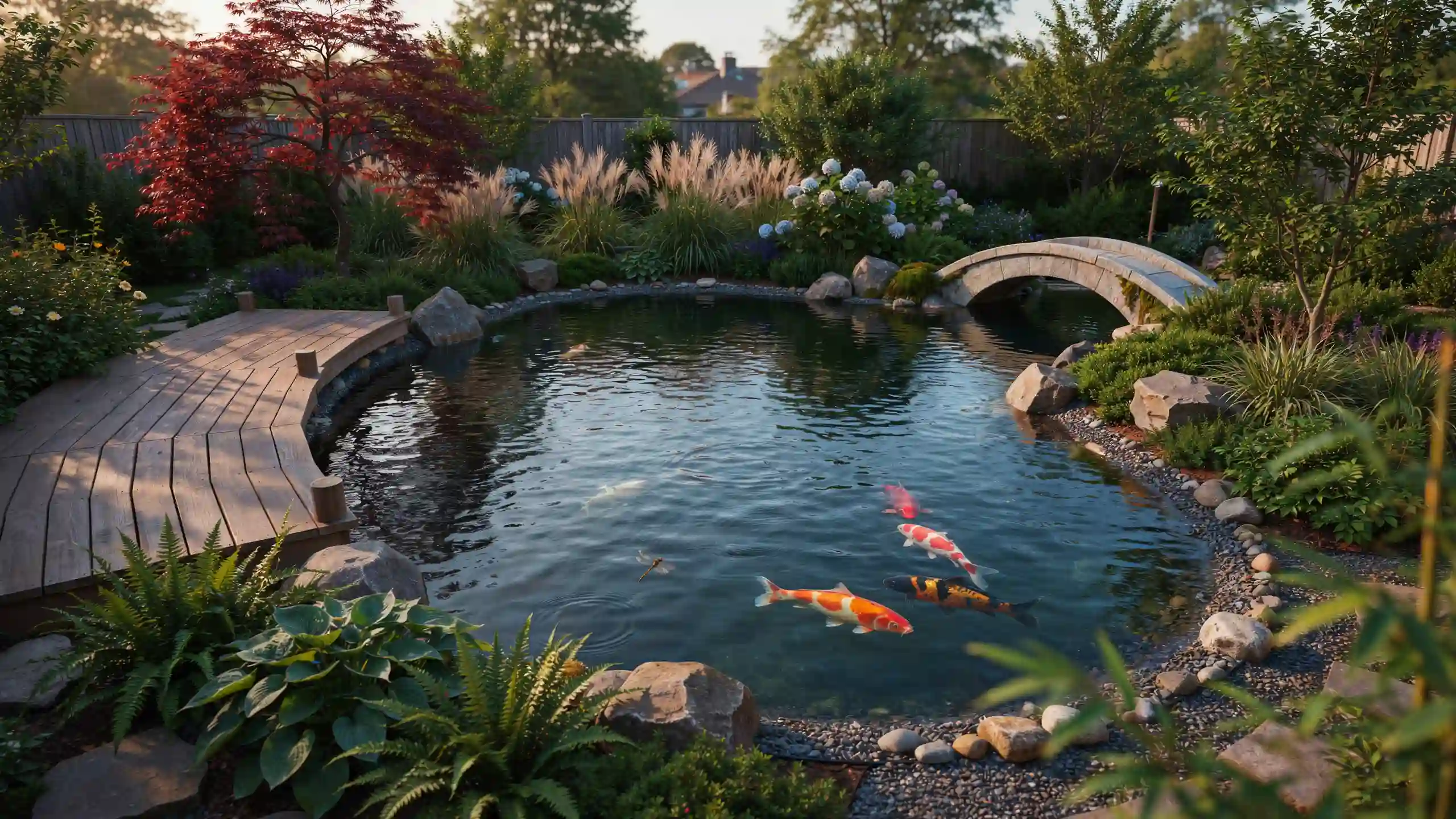 Large landscaped koi pond with a curved wooden deck, arched stone bridge, ornamental grasses, hydrangeas, and Japanese maple.
