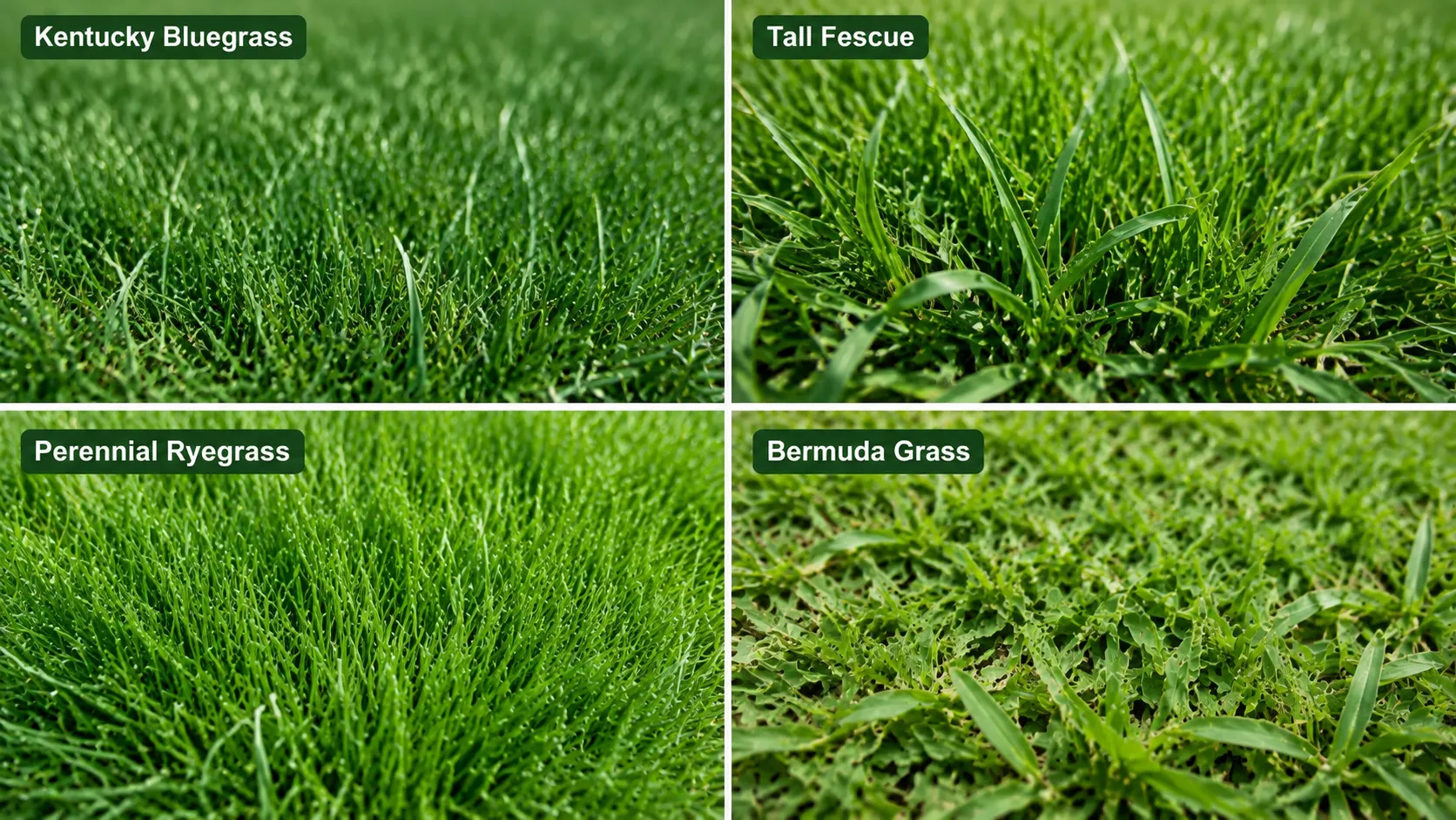 Four close-up lawn grass types showing Kentucky bluegrass, tall fescue, perennial ryegrass, and Bermuda grass varieties for comparison