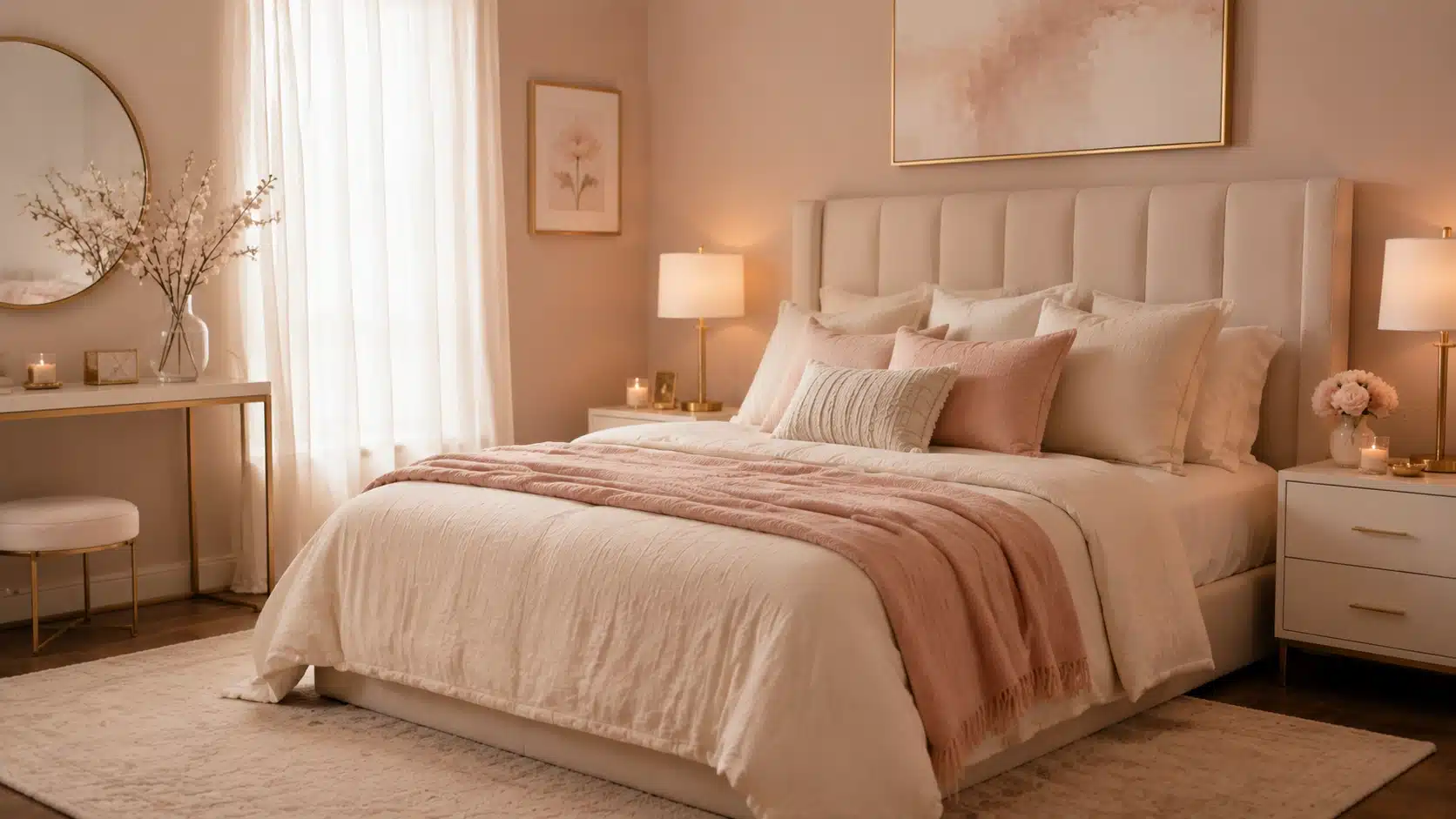 Elegant bedroom with blush and cream tones, soft textiles, and warm gold accents