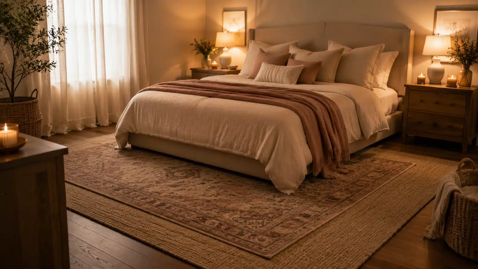 Cozy bedroom with layered rugs adding texture, warmth, and softness beneath the bed