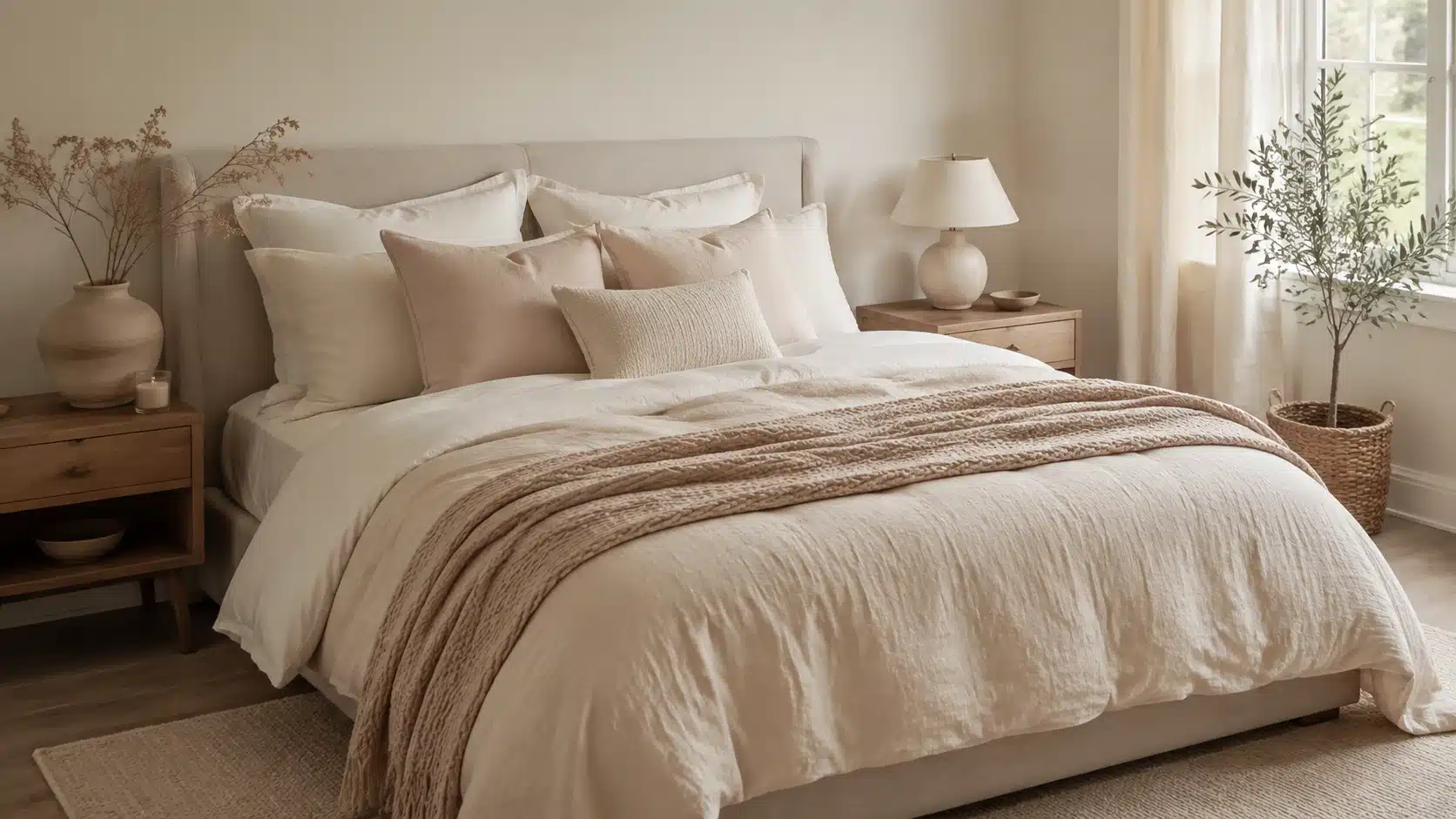 Minimal romantic bedroom with layered cream and blush neutral bedding, textured pillows, and a cozy knit throw.