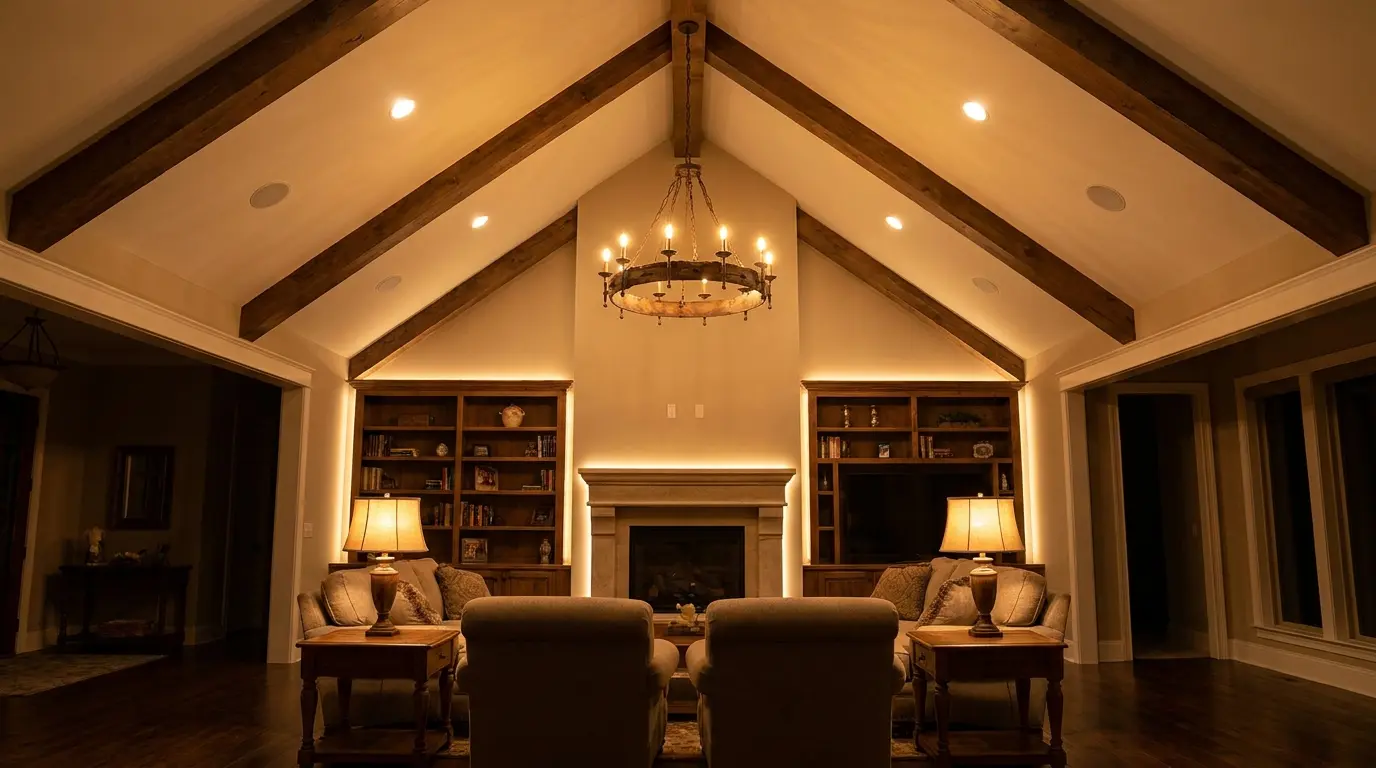 Living room with a vaulted ceiling, exposed wood beams, chandelier, fireplace, built-in shelves, and warm layered lighting.