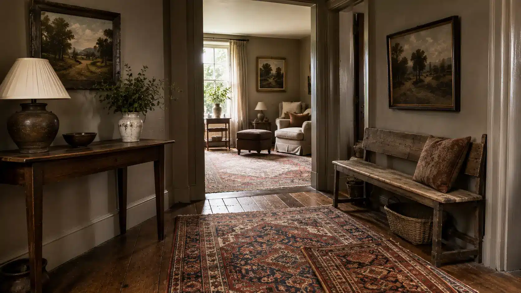 Photorealistic English cottage living room with layered vintage Persian-style rugs, cream linen sofa, patterned armchairs, antique wood furniture, floral cushions, and warm traditional table lamps.