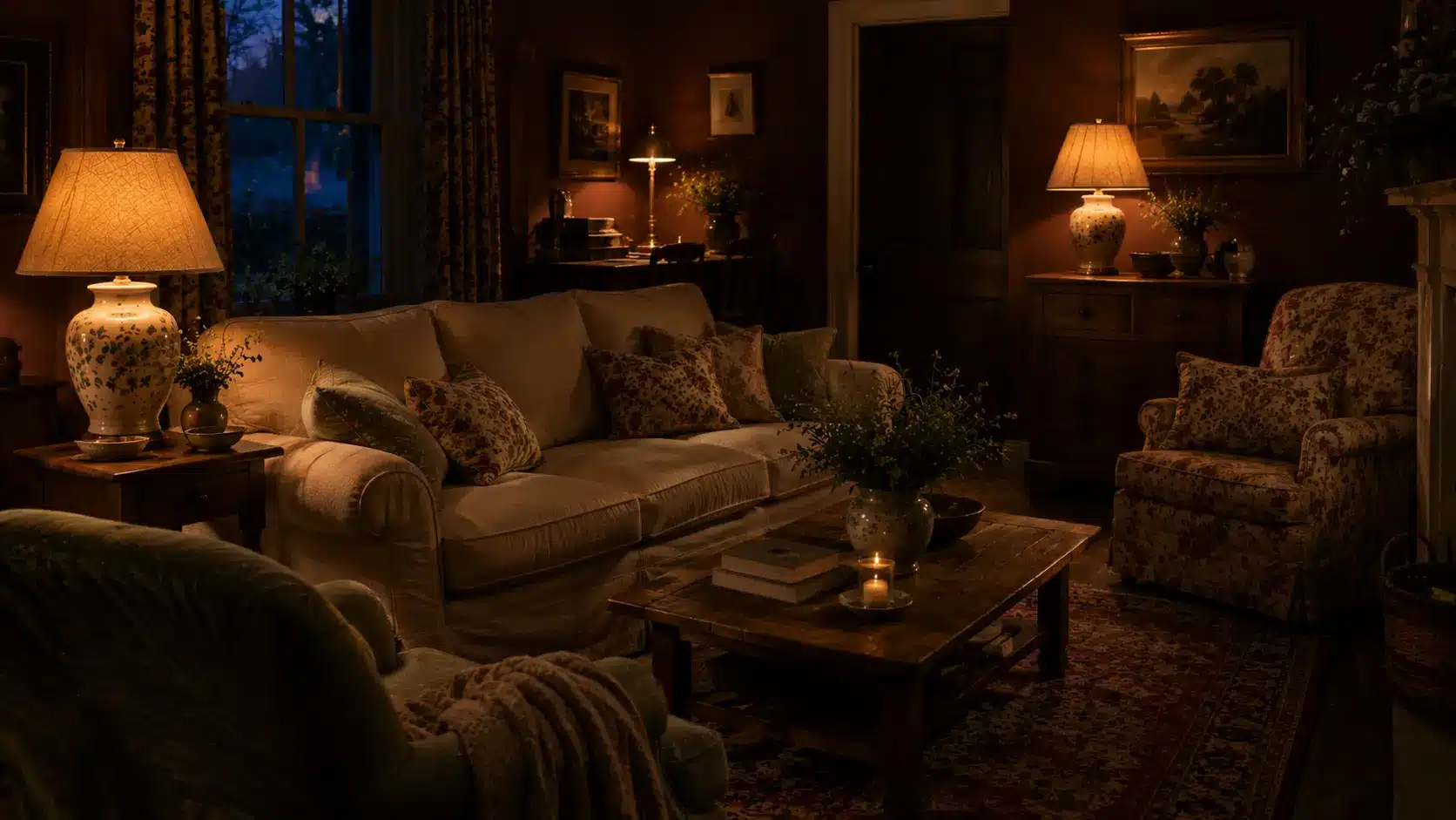 English cottage living room with burgundy walls, cream sofa, floral chair, dark wood furniture, warm lamps, and blue dusk light.