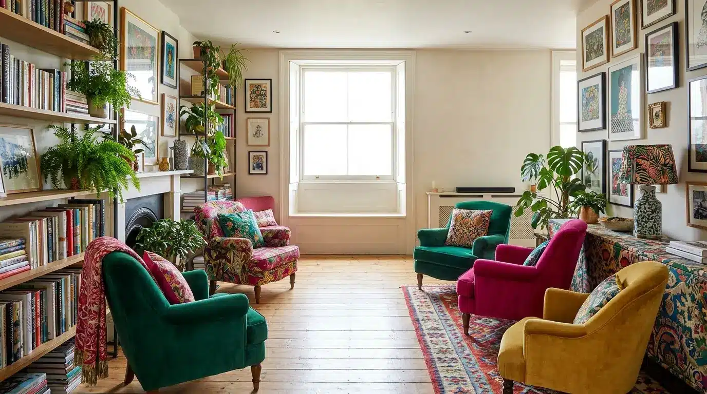 maximalist living room with colorful velvet chairs bookshelves gallery walls plants and open floor space