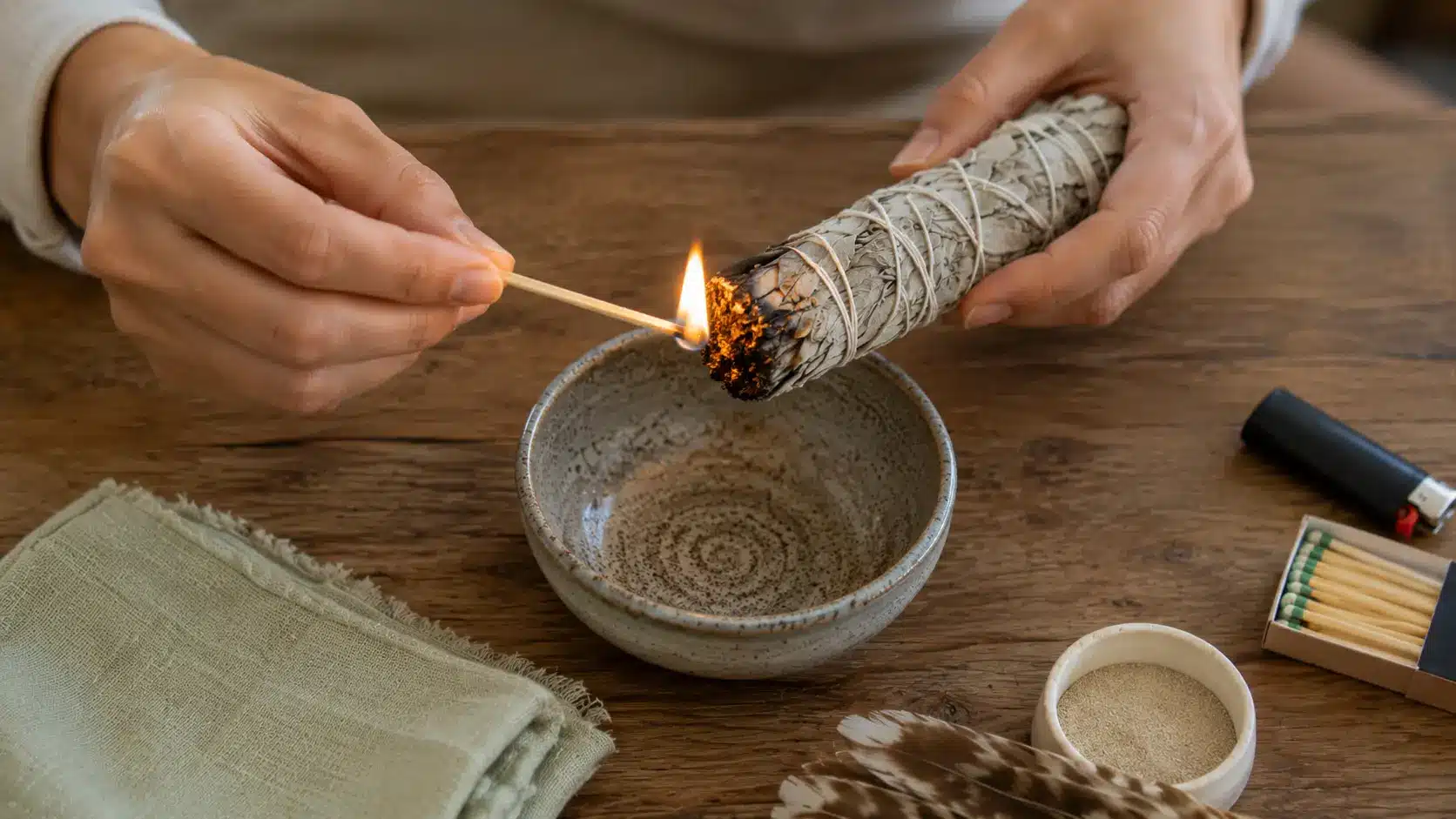 Hands safely lighting a sage bundle over a ceramic bowl on a wooden table.