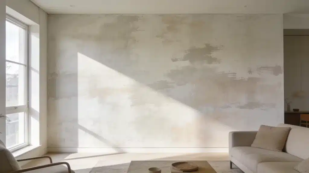 Limewashed wall showing natural cloudy texture and changing tones in daylight