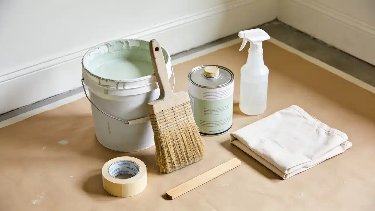 Limewash painting tools including brush, paint bucket, primer, and supplies